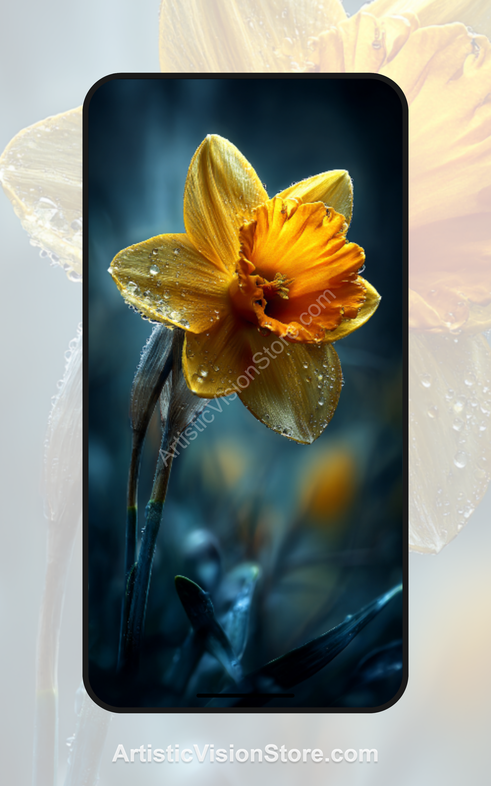 Dewlight Bloom – yellow daffodil with dew drops, free phone wallpaper with macro floral nature aesthetic