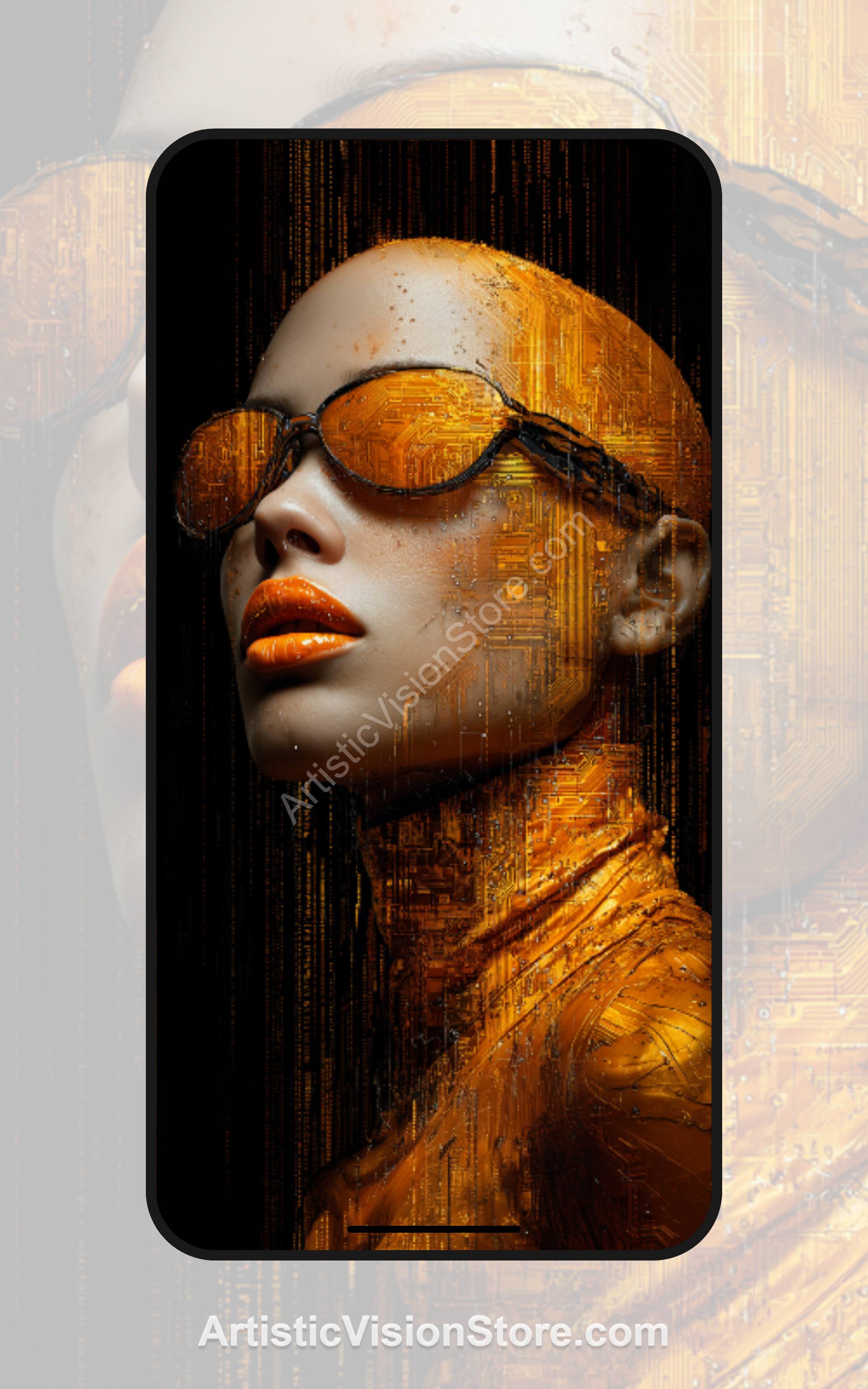 Digital Muse – golden cyber woman with orange circuit design, free phone wallpaper with techno-fashion aesthetic