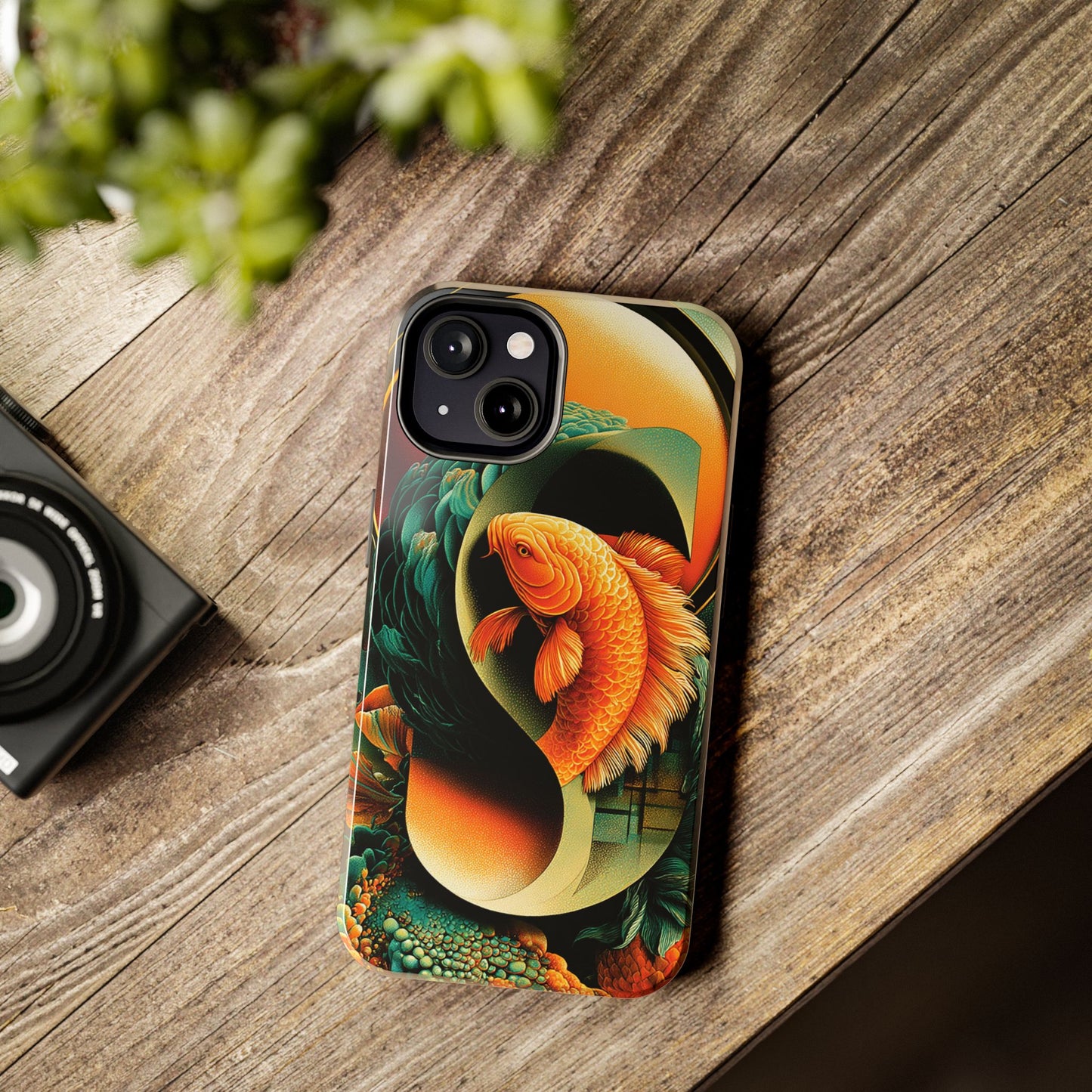 Fine art phone case with koi swimming through leaves