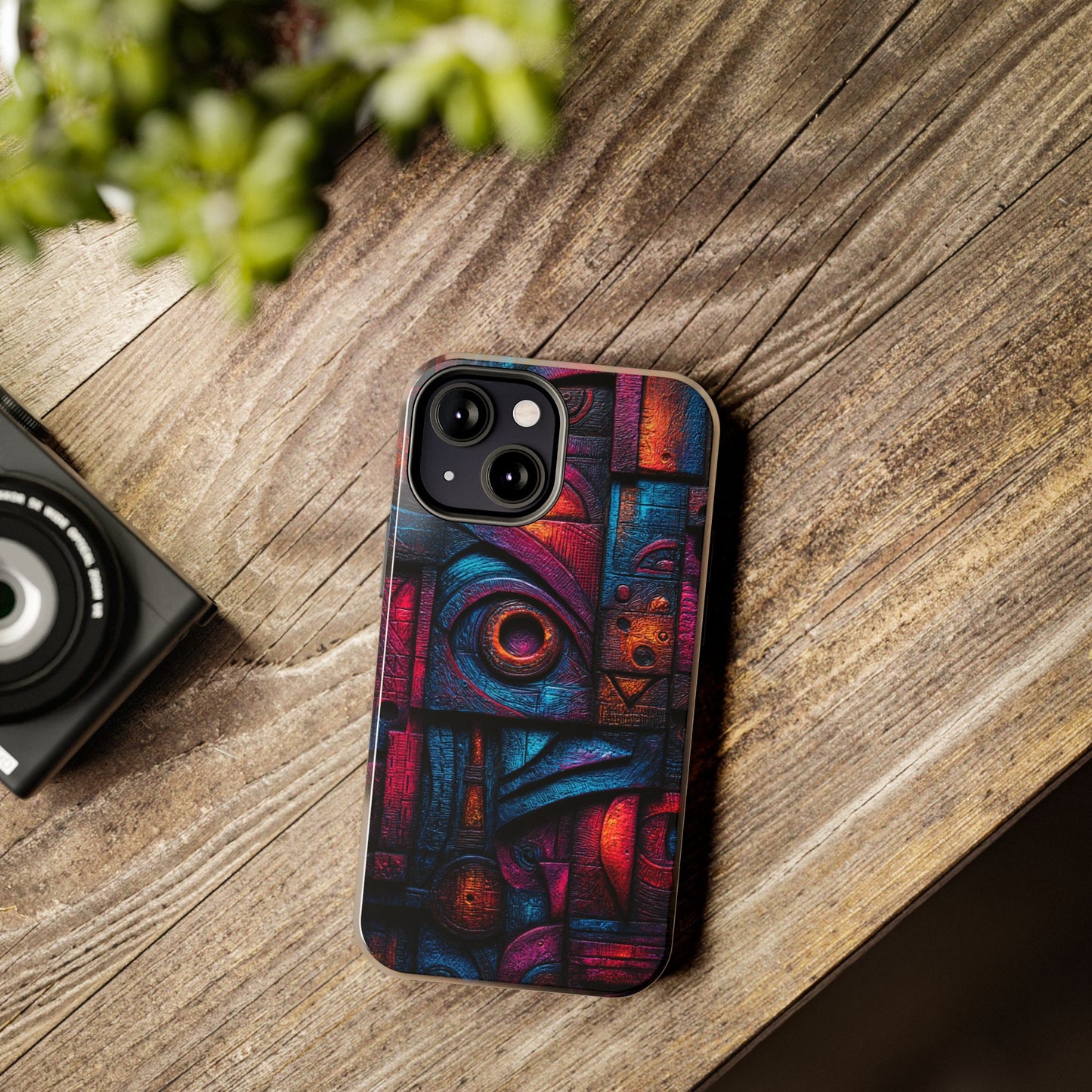 Geometric carved phone case with digital art flair