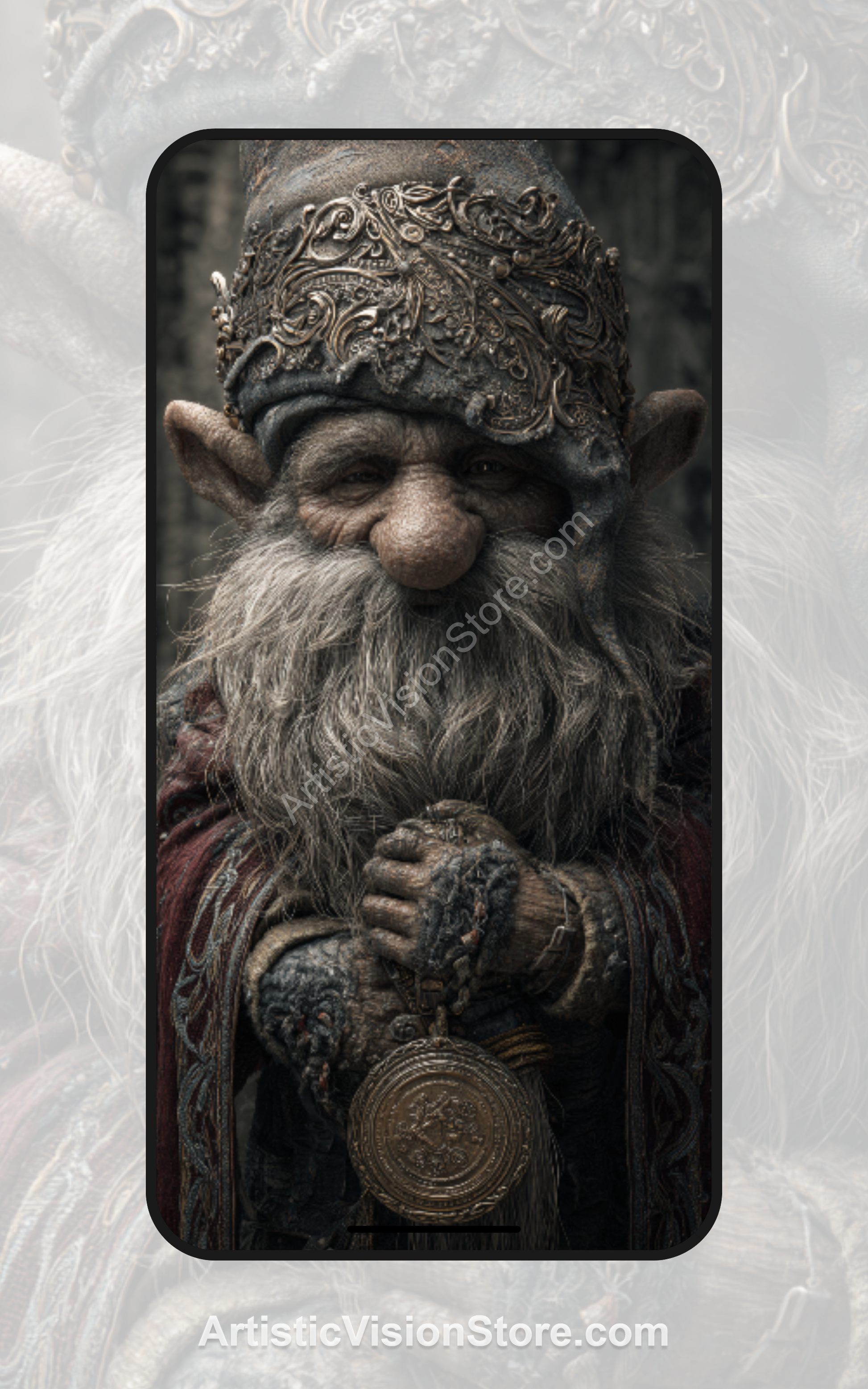 Glimmering Gnome – fantasy gnome with long beard and ornate robe, free phone wallpaper with whimsical detailed style