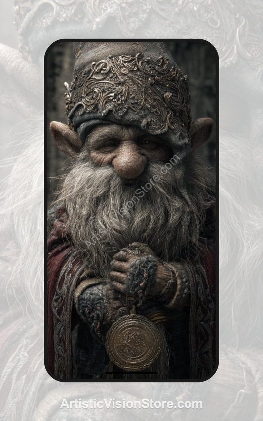 Glimmering Gnome – fantasy gnome with long beard and ornate robe, free phone wallpaper with whimsical detailed style
