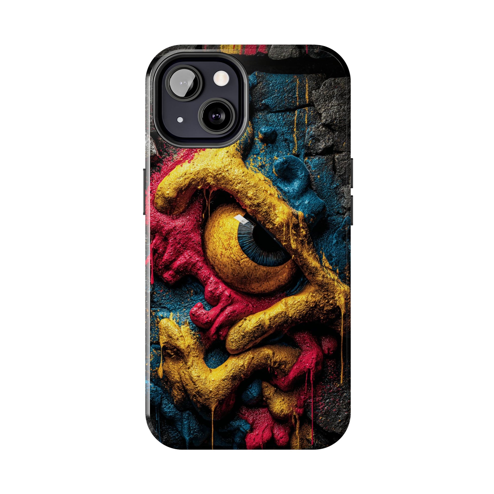 Graffiti phone case featuring bold red and yellow drips