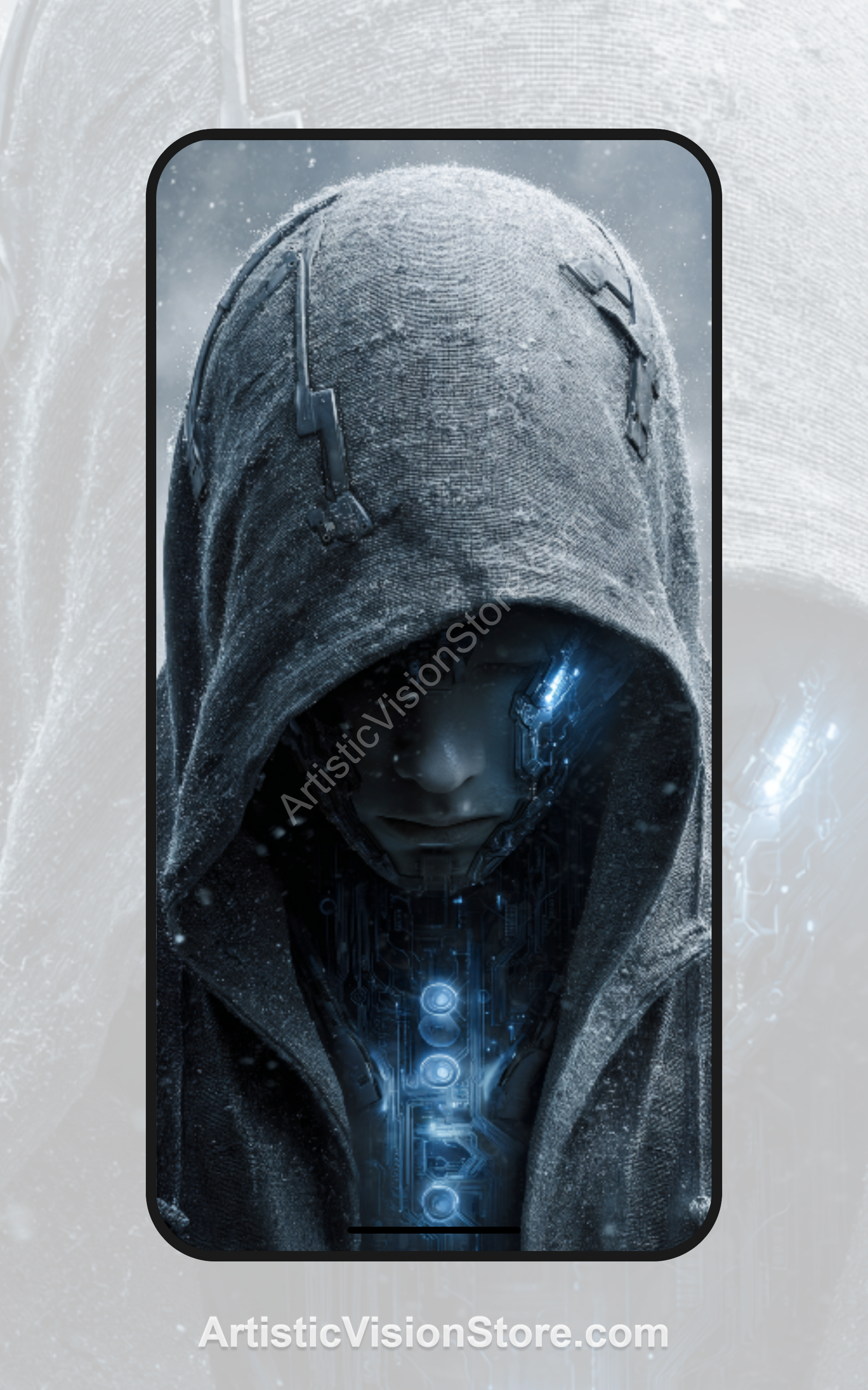 Icy Ghost – hooded android with glowing circuitry, free phone wallpaper with cold futuristic design