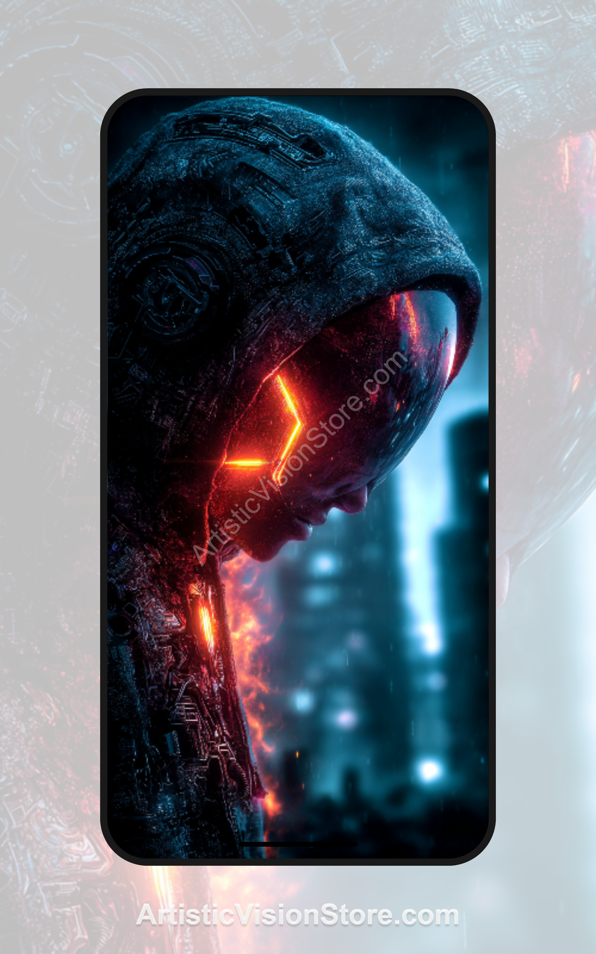 Inferno Mind – hooded neon red android in futuristic city, free phone wallpaper with cyberpunk style
