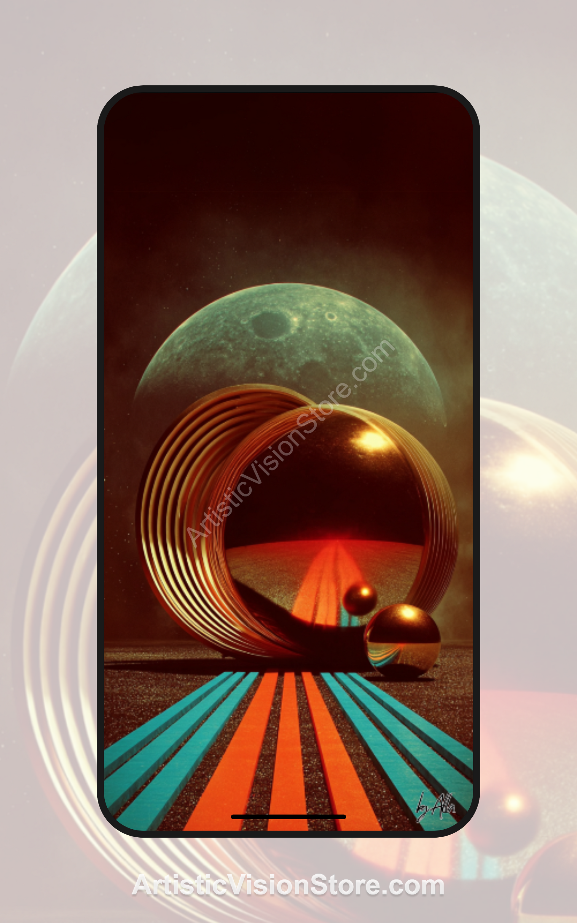 This digital wallpaper features glowing golden rings on a surreal striped path beneath a green moon, creating a dreamlike sci-fi cosmic scene perfect for desktop and phone screens.