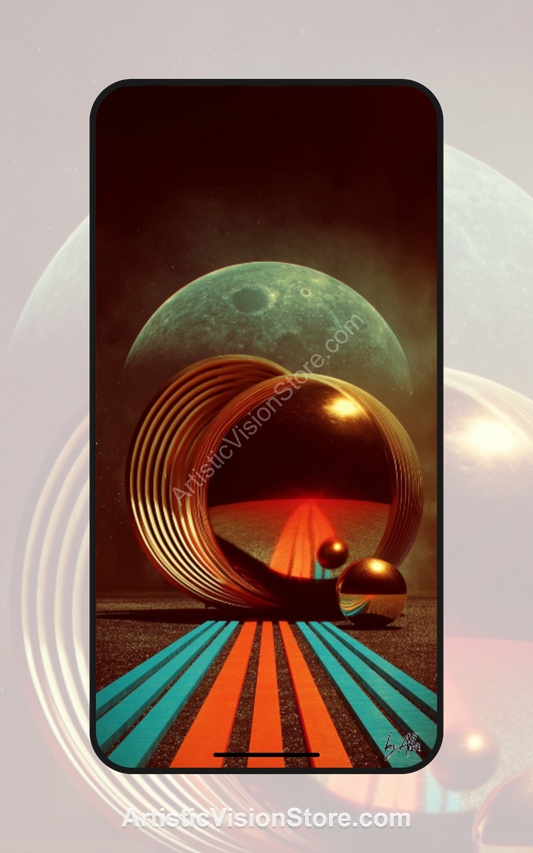 This digital wallpaper features glowing golden rings on a surreal striped path beneath a green moon, creating a dreamlike sci-fi cosmic scene perfect for desktop and phone screens.