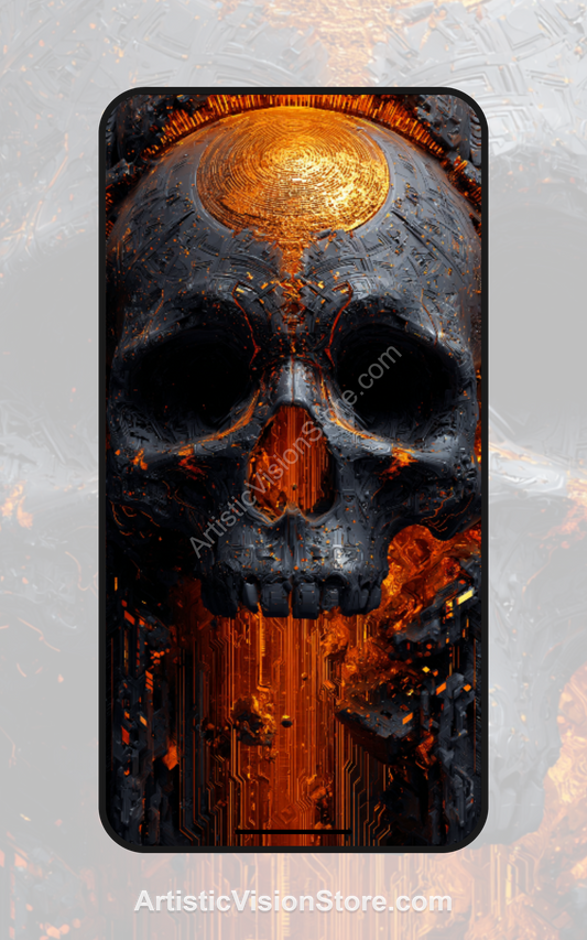 Molten Skull – dark tech skull with glowing orange lava core, free phone wallpaper with sci-fi horror style.