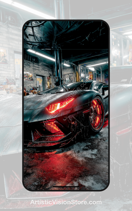 Neon Beast in the Garage free phone wallpaper with glowing red sports car in dark cyberpunk garage.