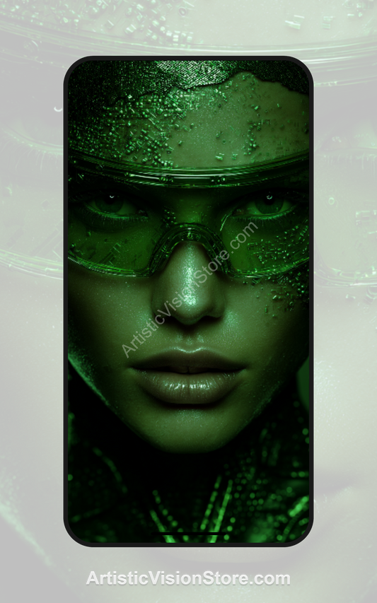 Neon Biotech – glowing green futuristic woman portrait, free phone wallpaper with sci-fi aesthetic