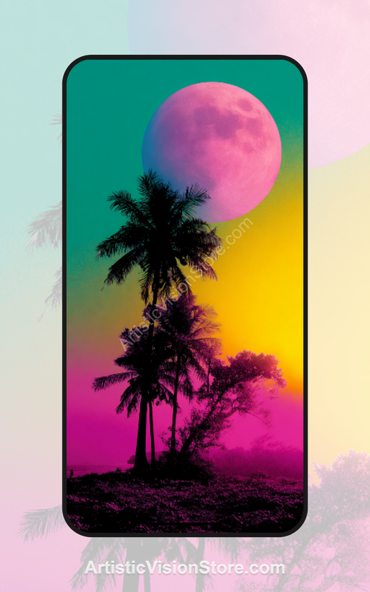 Neon Tropics Moonset free phone wallpaper with pink moon and palm trees in vibrant retro colors.