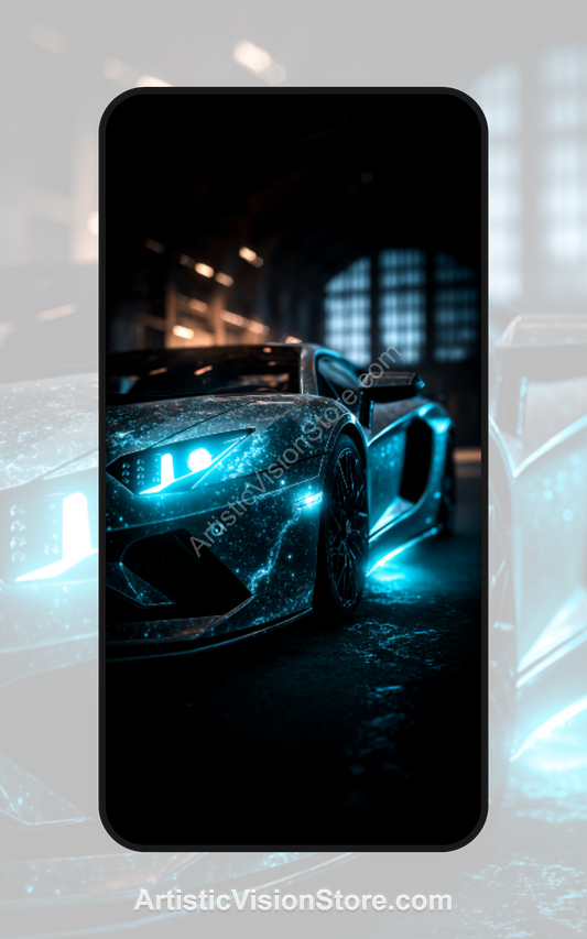 Neon Velocity – glowing futuristic sports car in blue light, free phone wallpaper with cyberpunk automotive style
