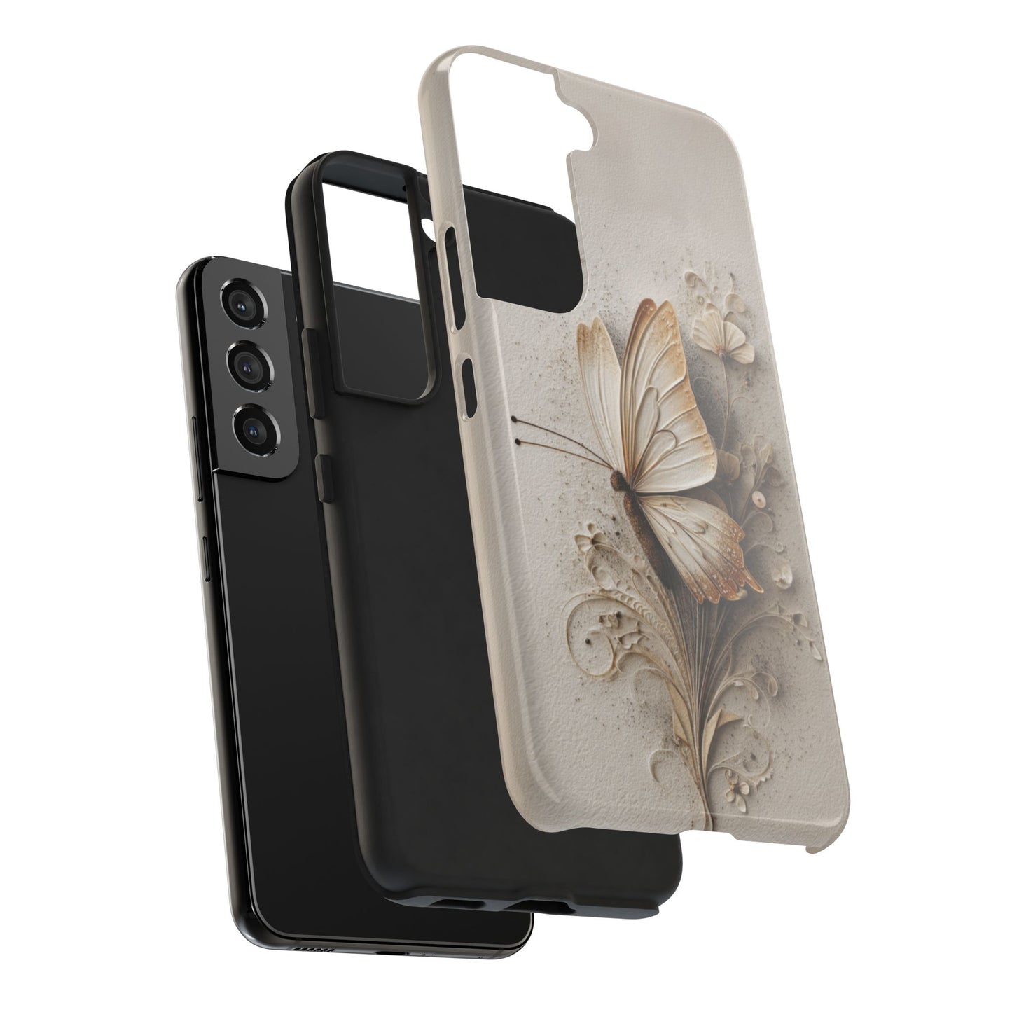 Neutral aesthetic phone case with sculpted butterfly art