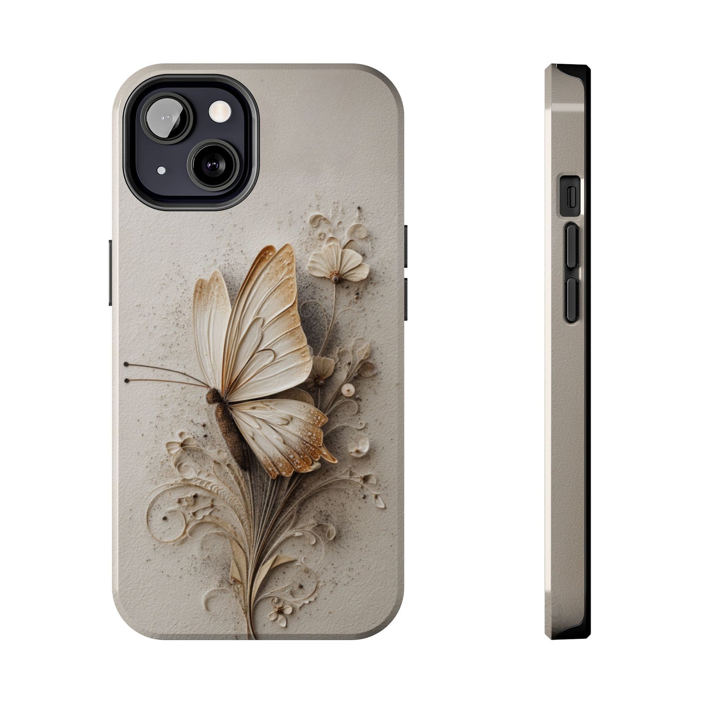 Neutral butterfly phone case with delicate floral carving