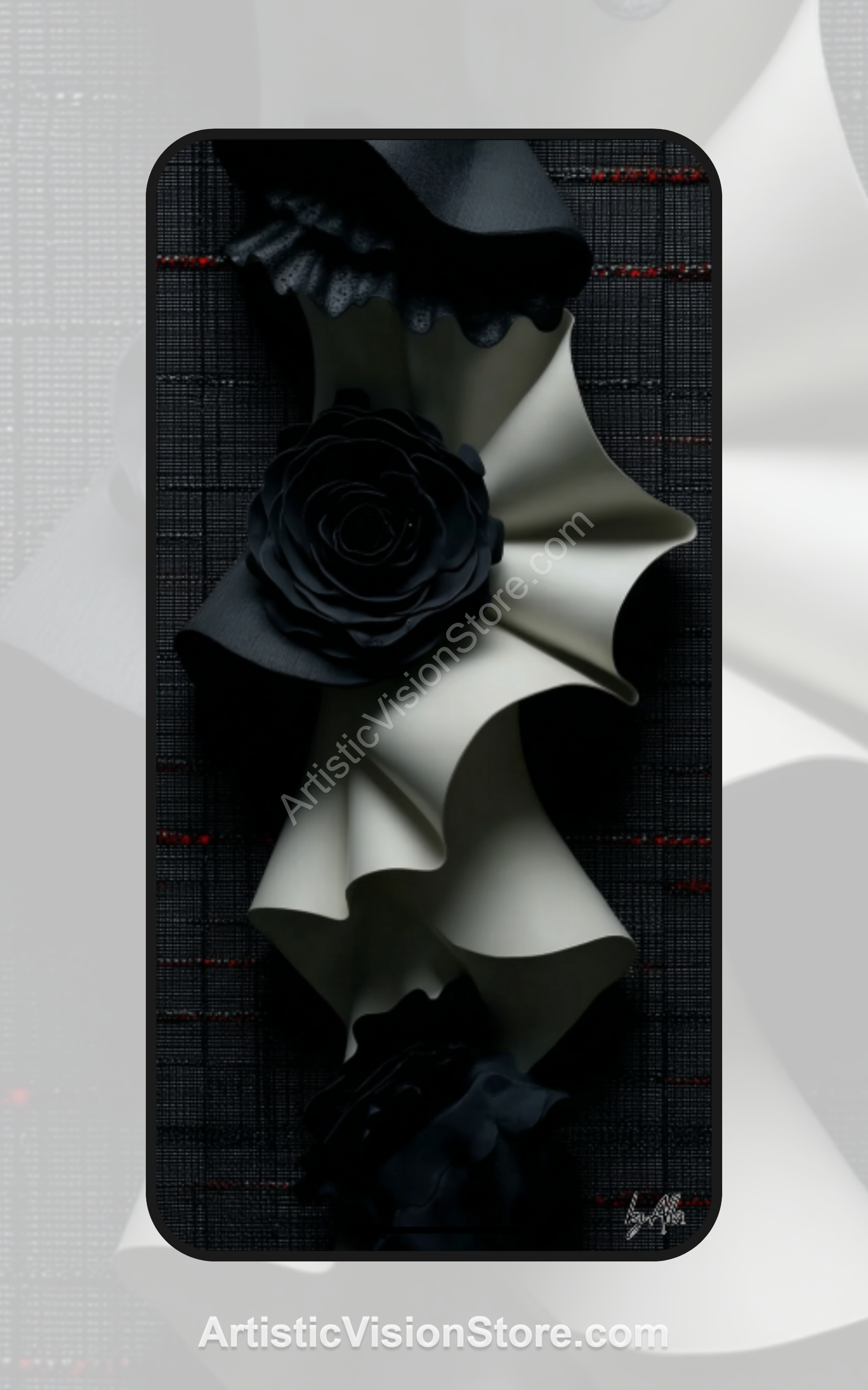 This digital wallpaper features folded cream ribbons and black roses on a dark textured background, creating a sculptural, fashion-inspired look ideal for mobile use.