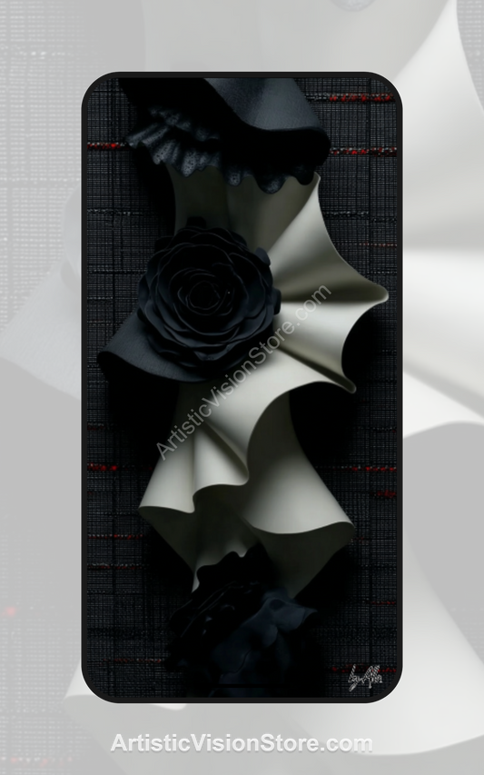 This digital wallpaper features folded cream ribbons and black roses on a dark textured background, creating a sculptural, fashion-inspired look ideal for mobile use.
