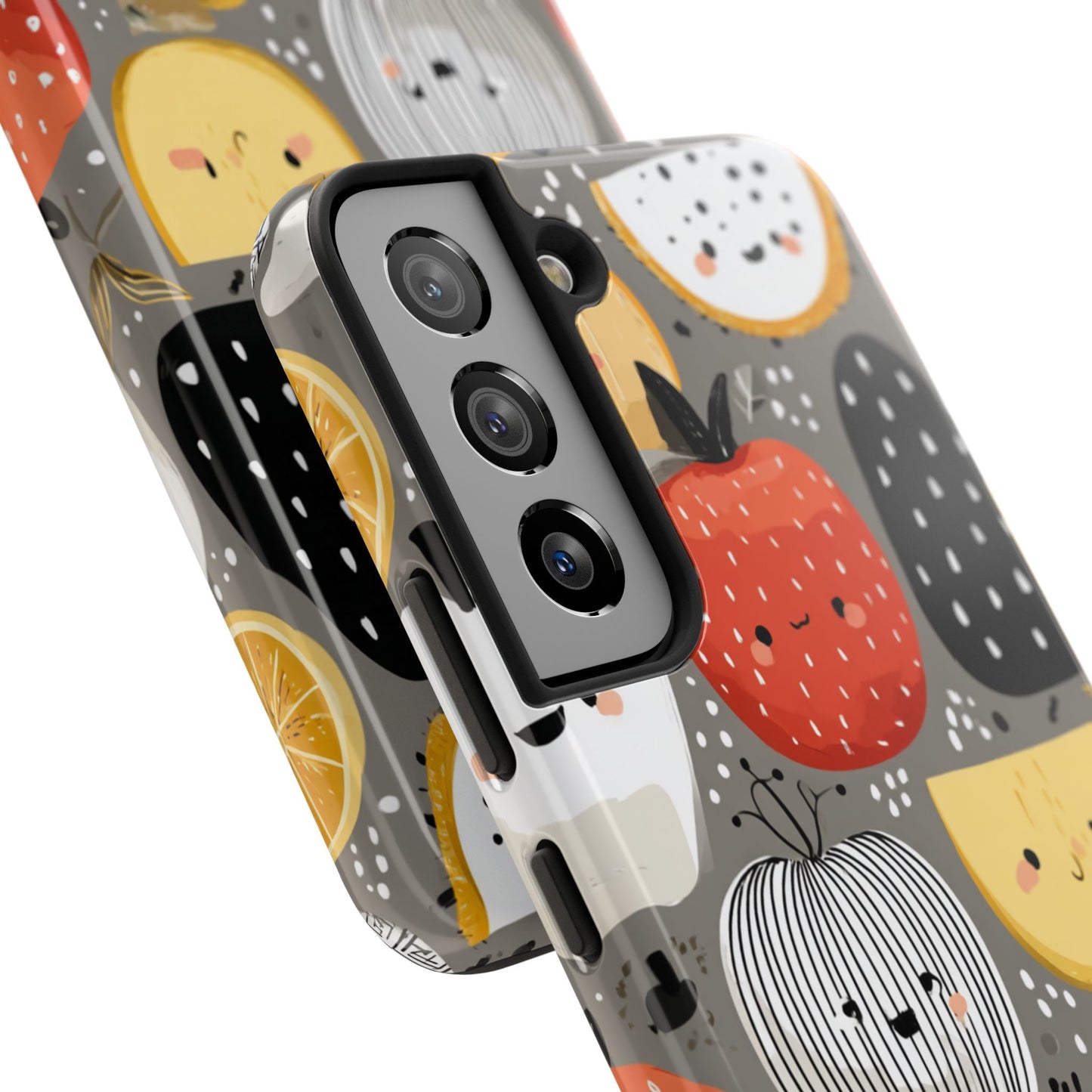 Playful fruit pattern phone case with kawaii expressions