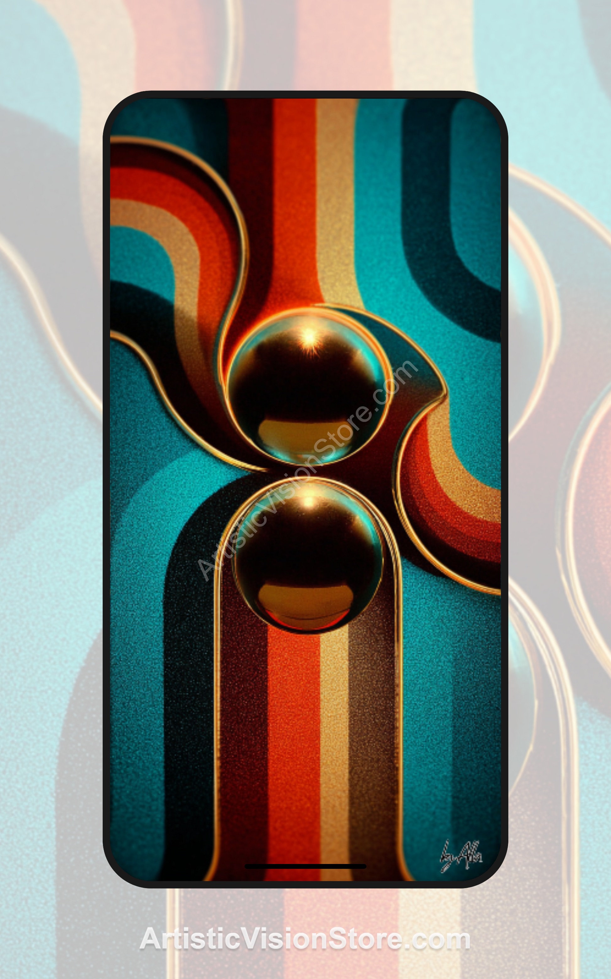 This free wallpaper features golden orbs and colorful curved stripes in teal, rust, and ochre, creating a retro-futuristic design perfect for phone or desktop backgrounds.