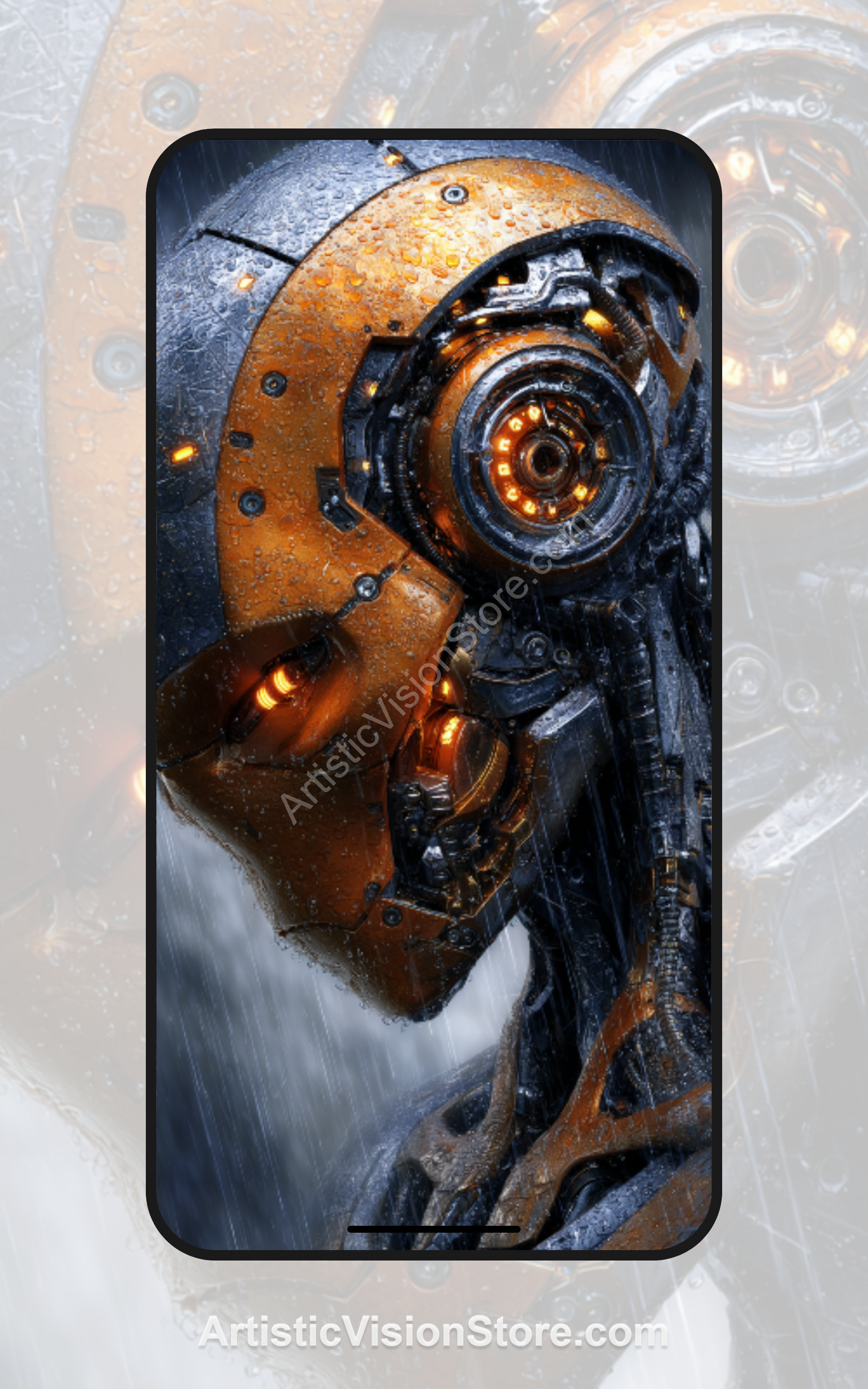 Rustcore Sentinel – weathered orange android profile, free phone wallpaper with industrial sci-fi aesthetic