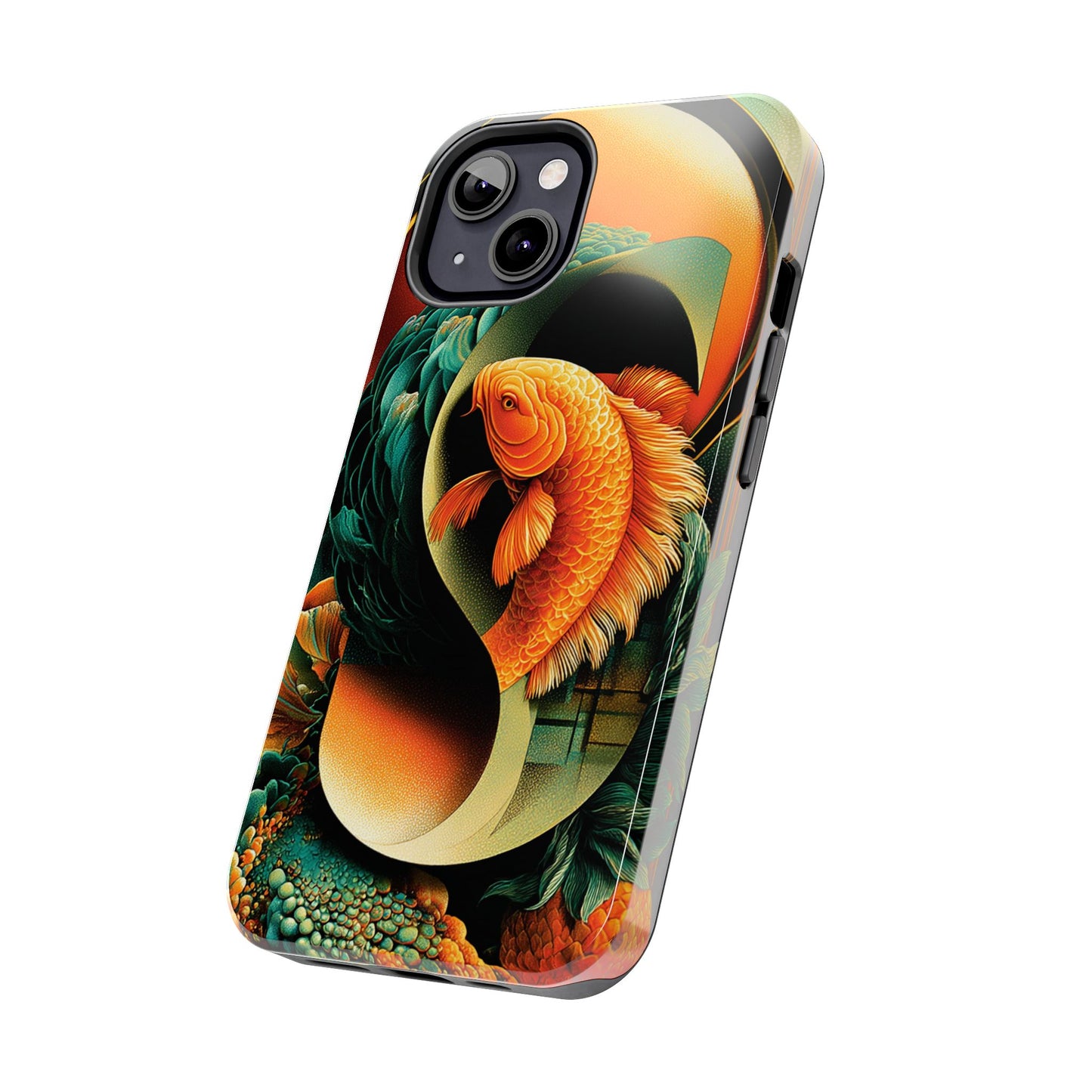Sculptural gold koi design phone case with Asian flair