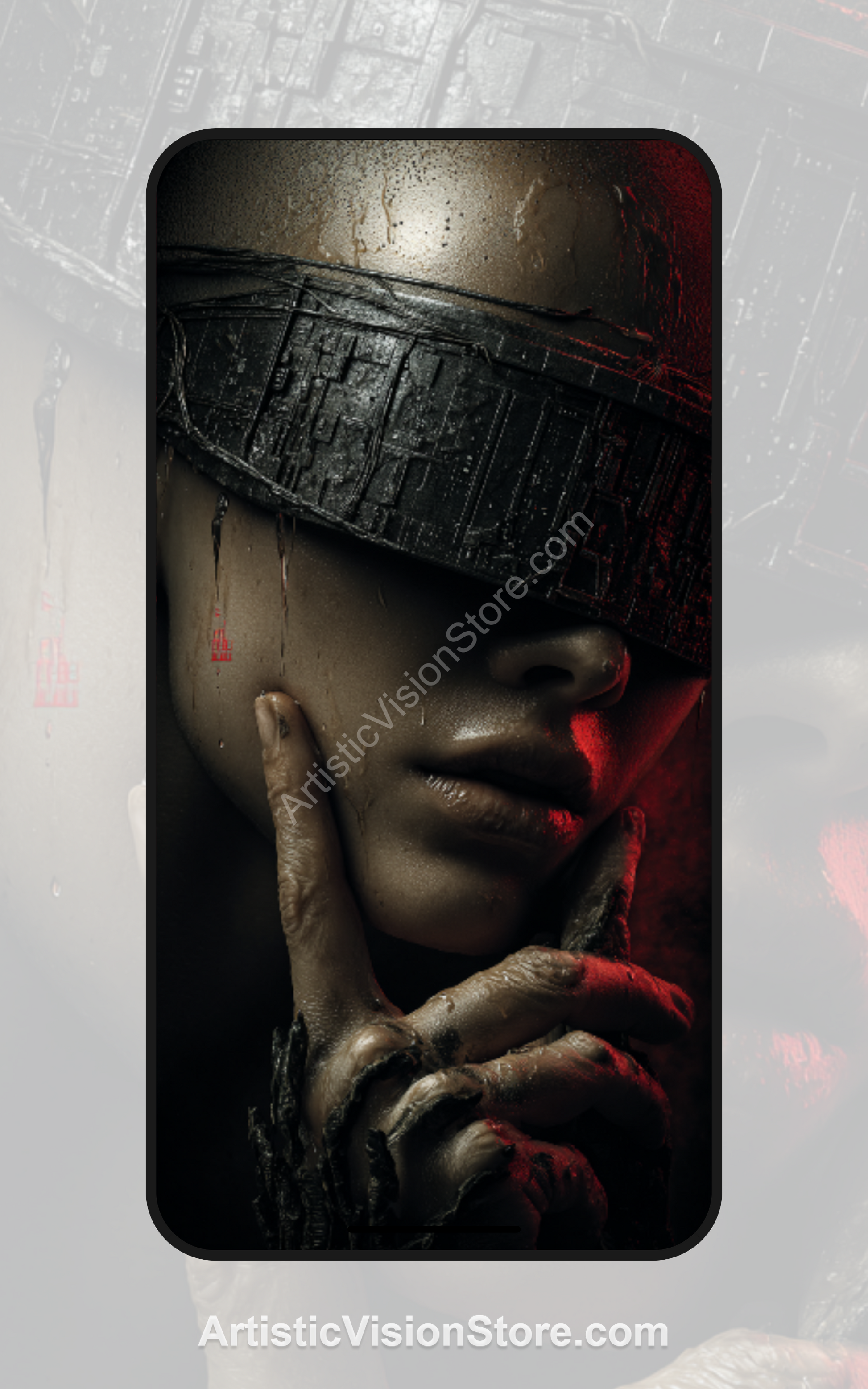 Silenced Signal – blindfolded android face in dark red light, free phone wallpaper with minimalist sci-fi aesthetic