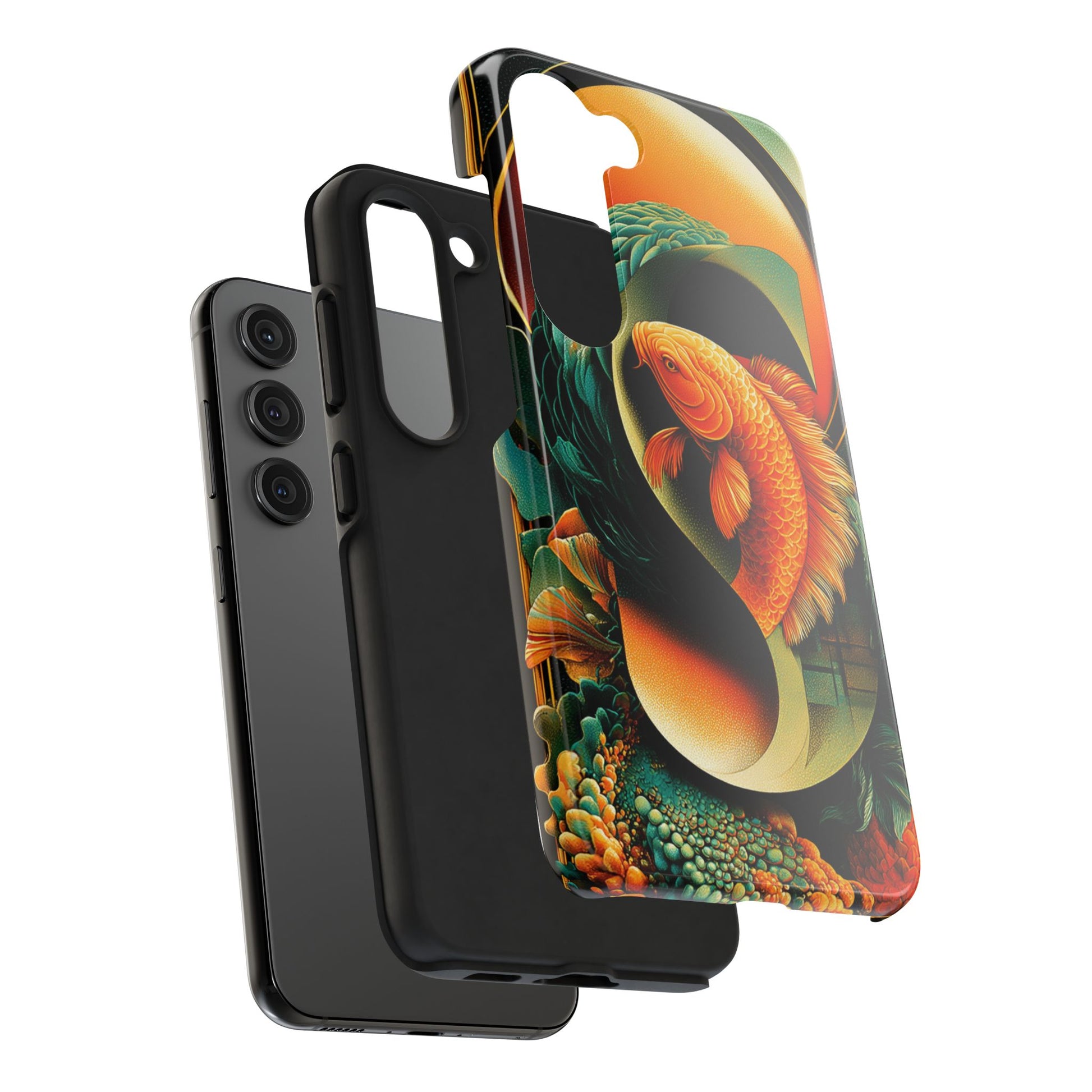 Sophisticated koi phone case with stylized letterform flow