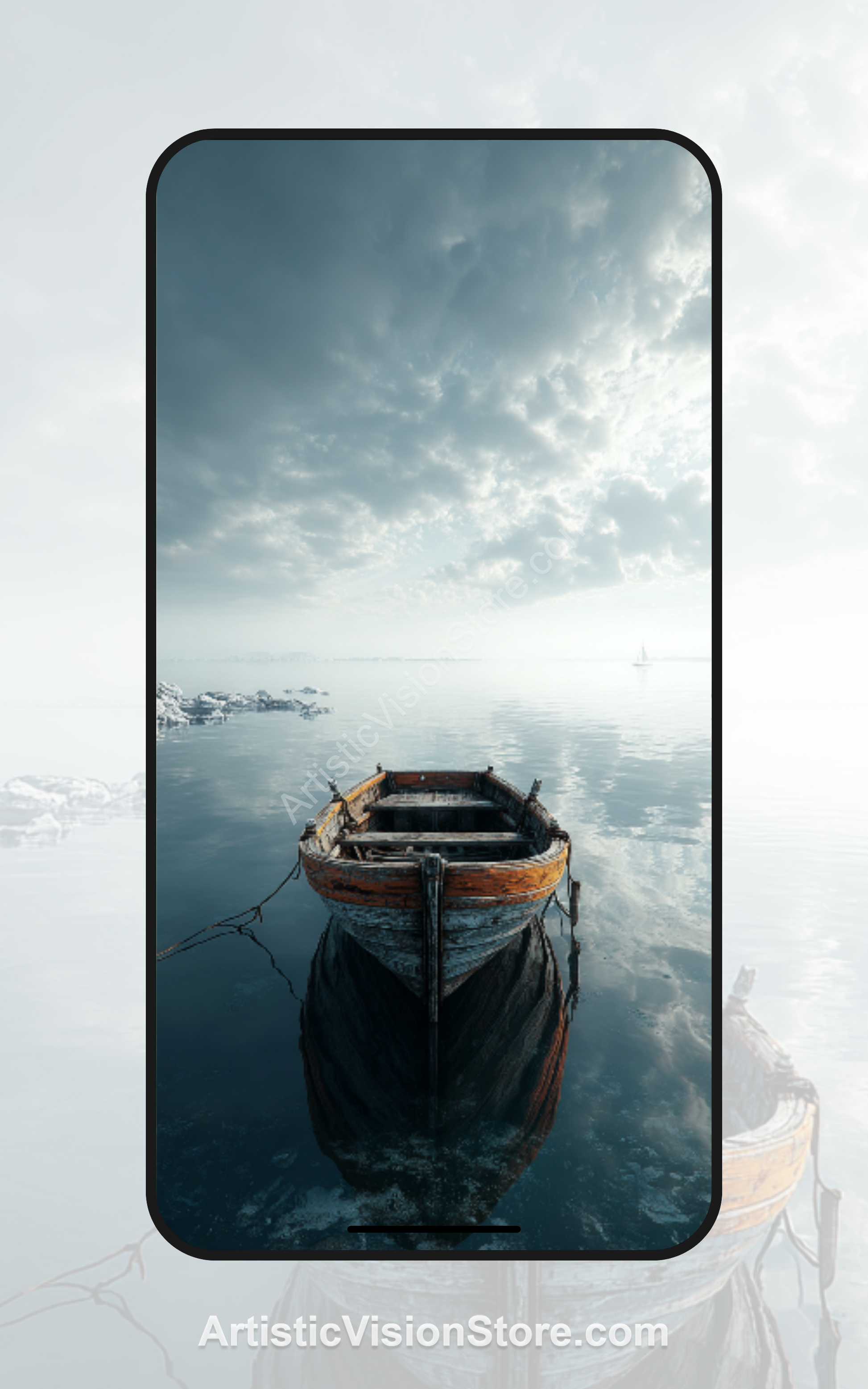 Stillwater Drift – wooden boat on calm misty lake, free phone wallpaper with peaceful minimalist design