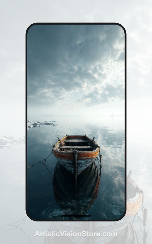 Stillwater Drift – wooden boat on calm misty lake, free phone wallpaper with peaceful minimalist design