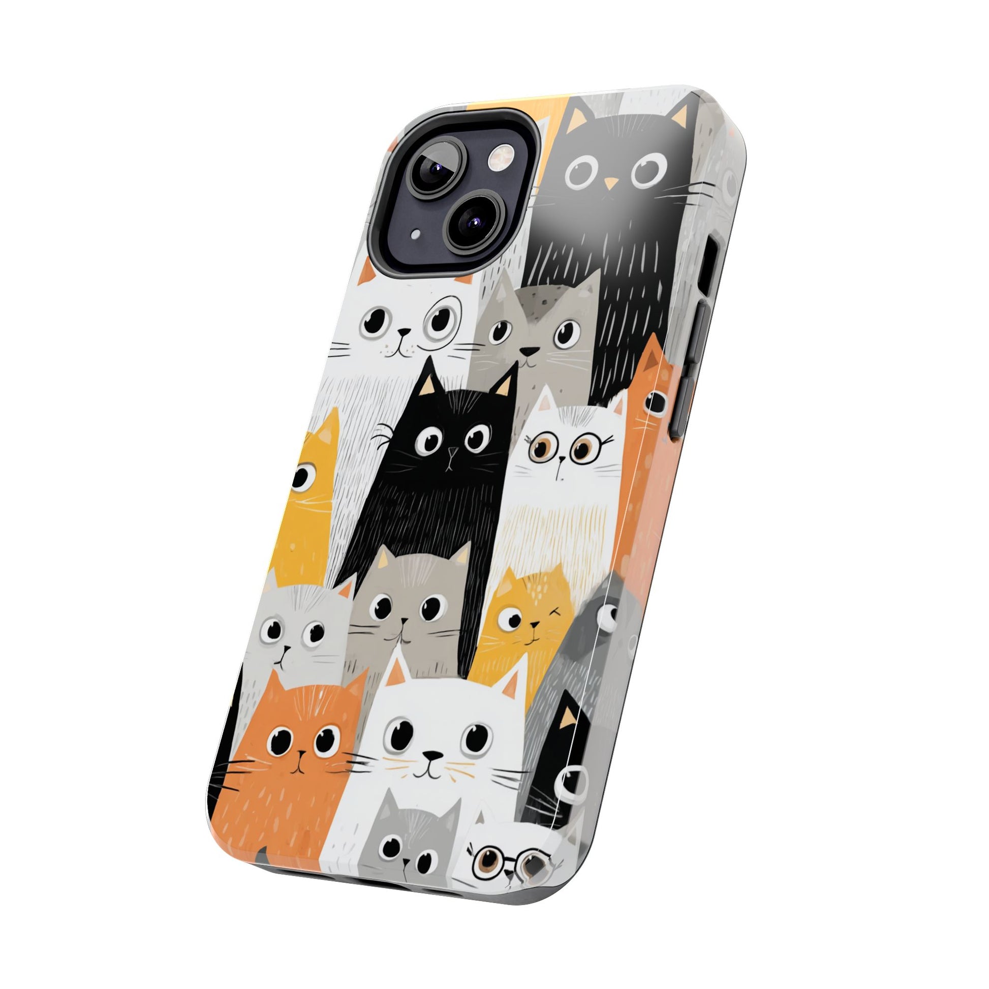 Stylish phone case featuring rows of wide-eyed kittens