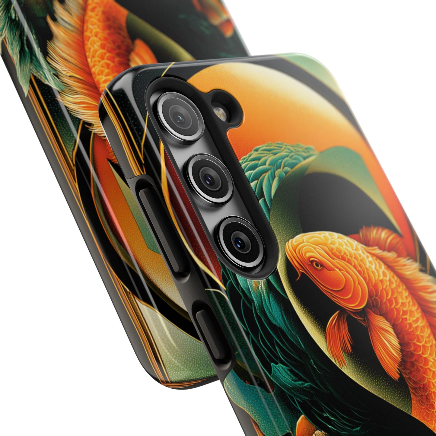 Symbolic phone case with koi and foliage in figure eight