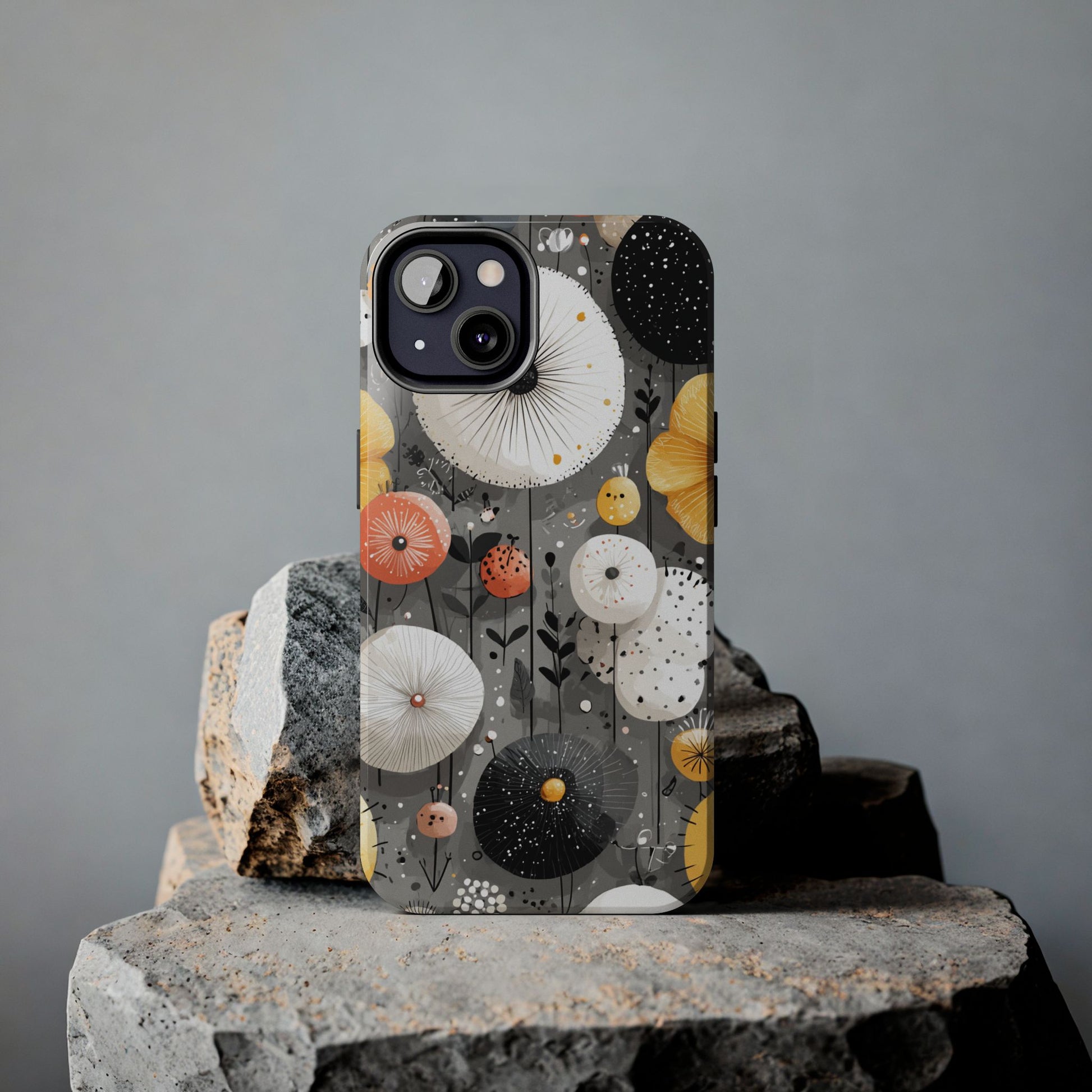 Yellow bloom phone case with hand-drawn leaves