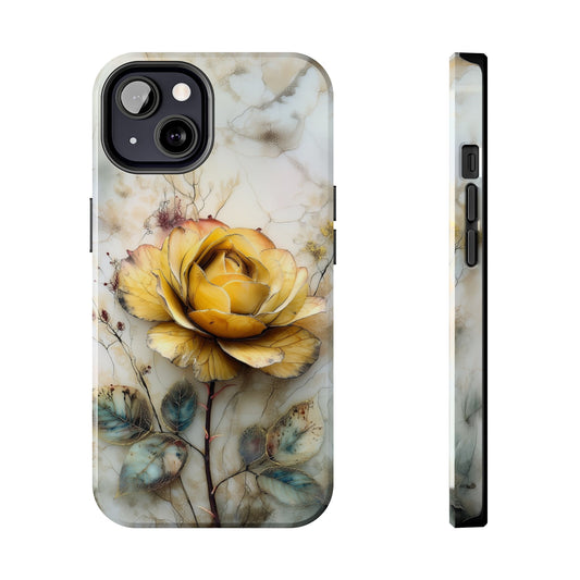 Yellow rose floral phone case with soft marble background