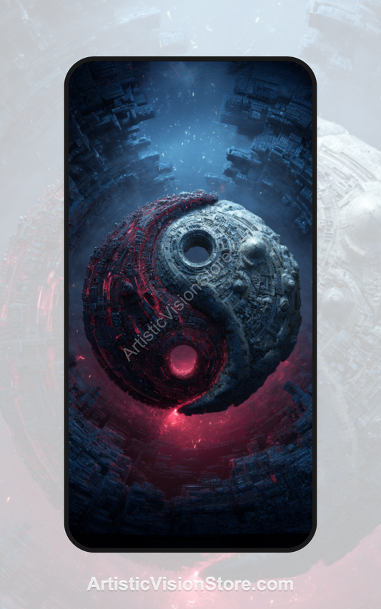 Yin Yang Core – glowing red and blue digital symbol, free phone wallpaper with sci-fi tech aesthetic