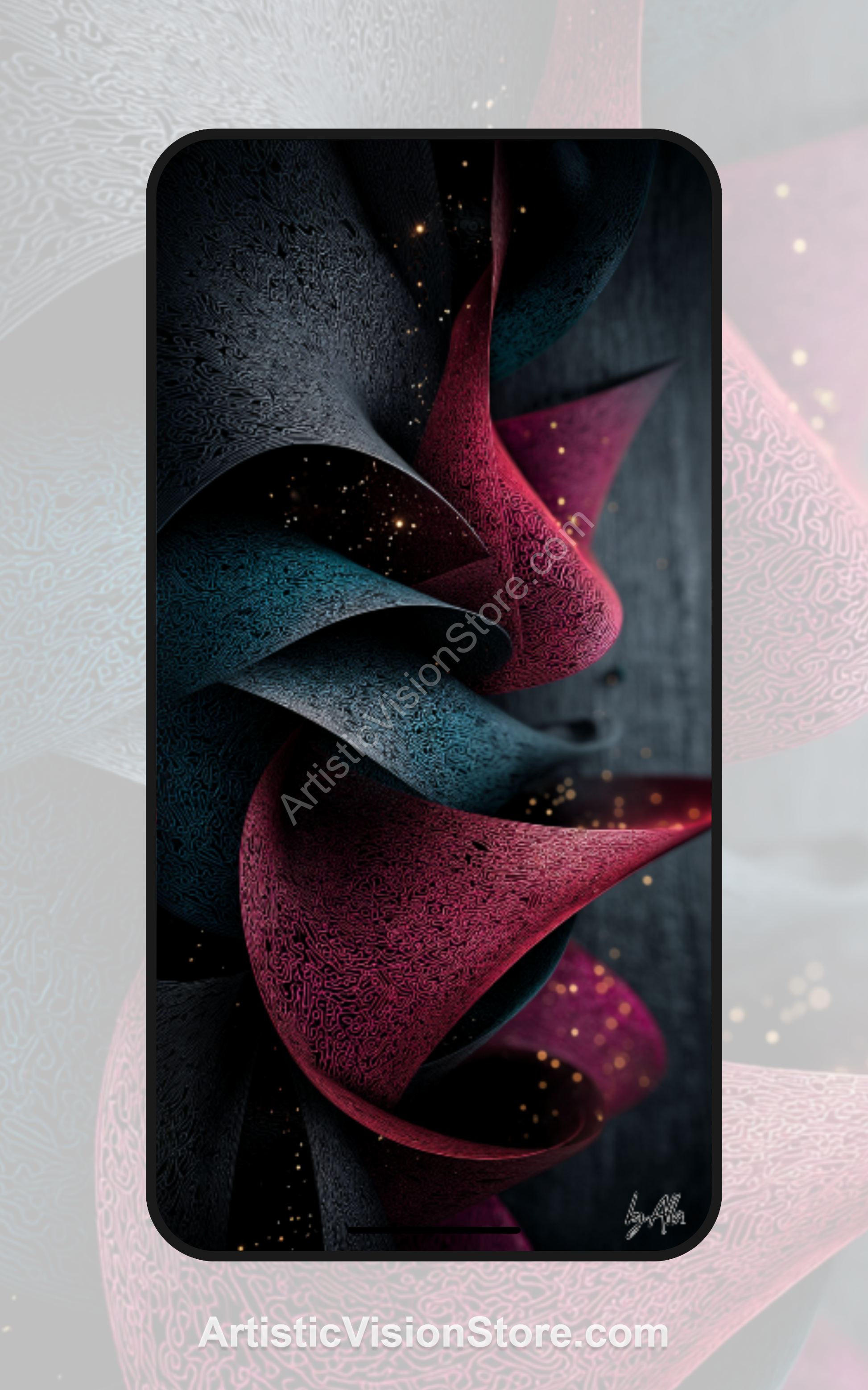 This digital wallpaper features layered crimson and teal folds with velvet-like texture and subtle glow, creating a flowing sculptural look for phones.