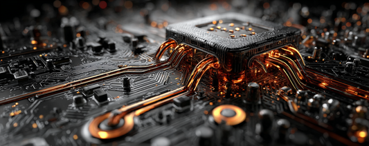 Close-up of a high-tech computer motherboard with glowing copper circuits and a central processing unit (CPU), showcasing advanced electronics and precision engineering.