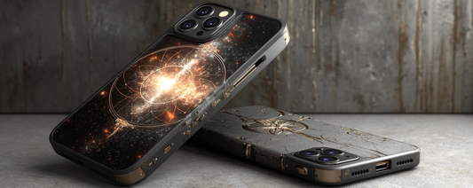 Two premium smartphones with futuristic designs, showcasing unique back textures, multiple camera lenses, and metallic accents on the phone case.