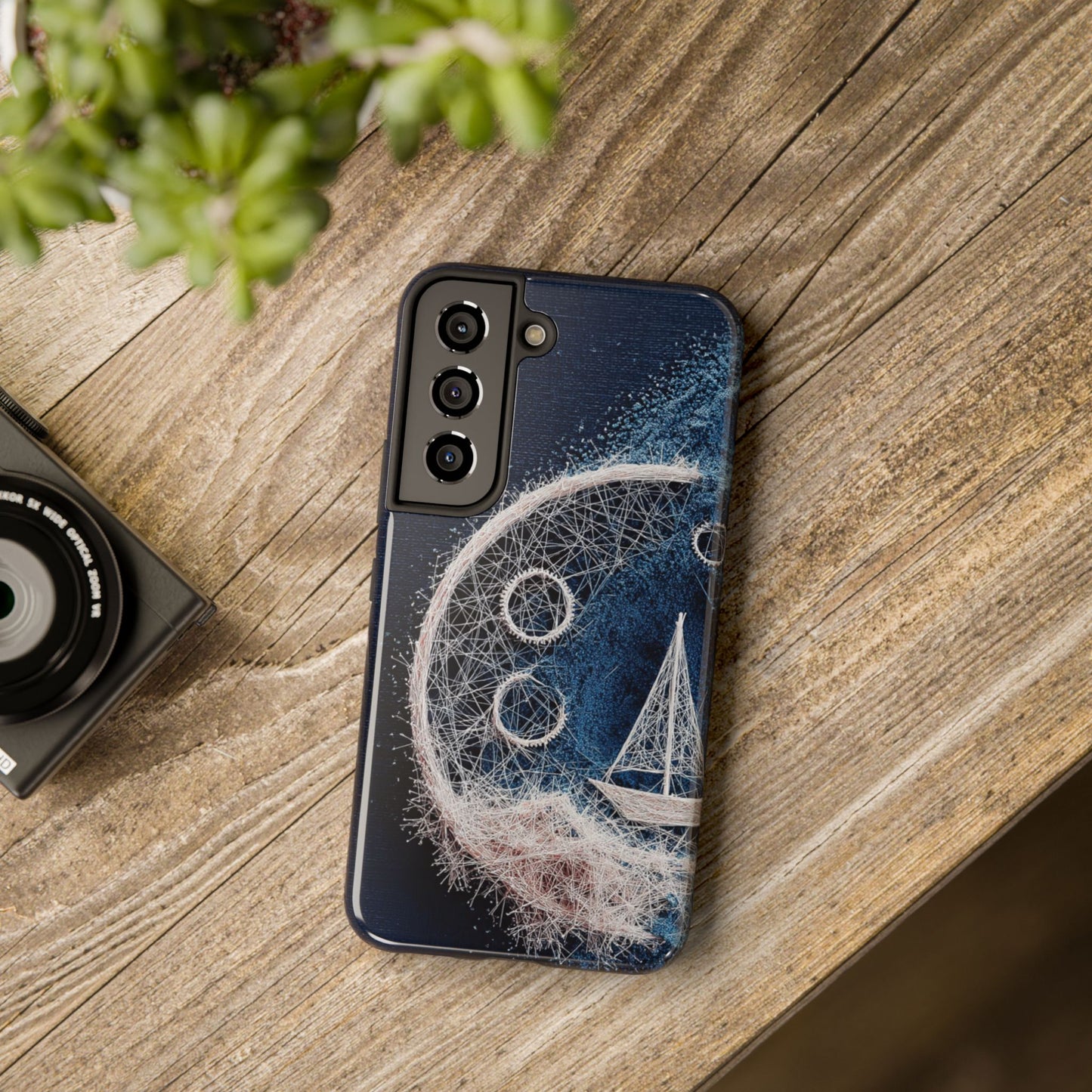 Sailboat & Moon Wireframe Phone Case – Nautical Night Voyage Design - Artistic Vision
