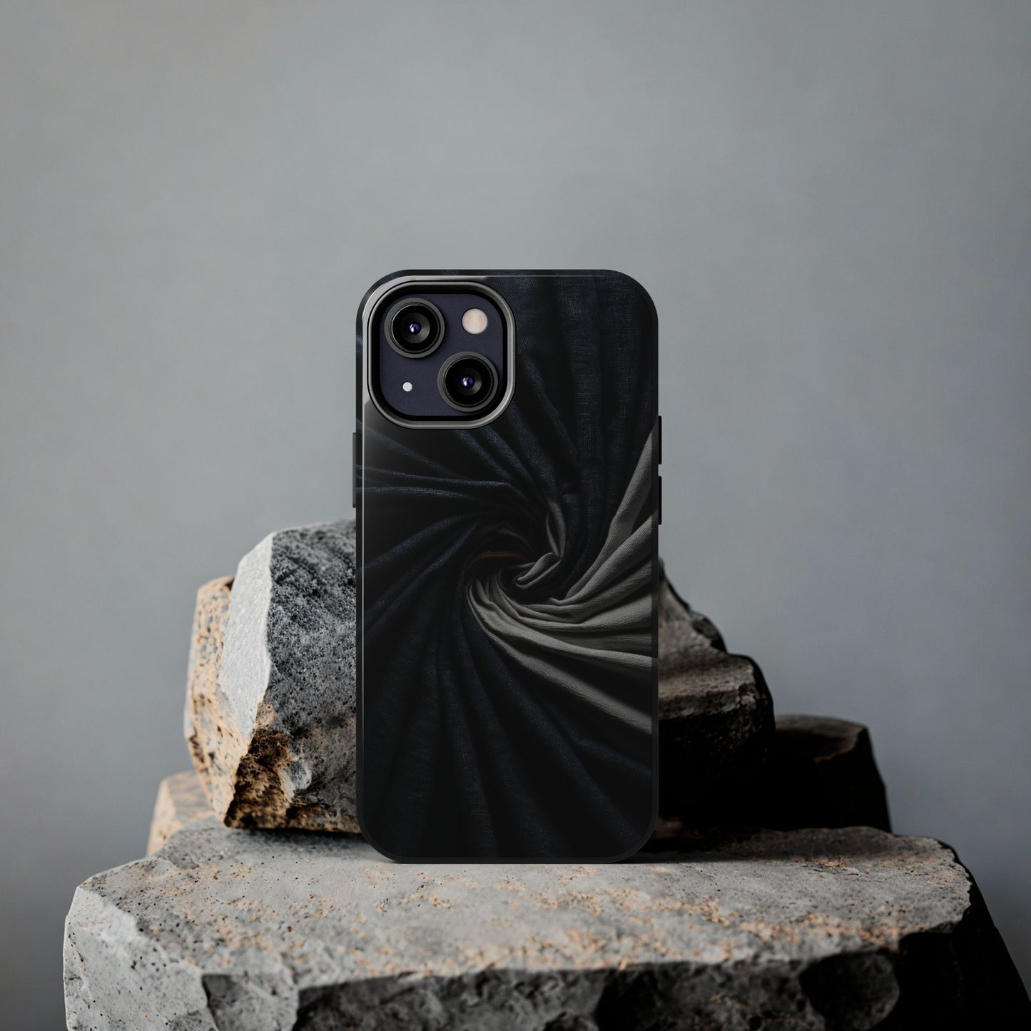 Velvet Spiral Tough Phone Case – Twisting Fabric Abstract in Black & Silver - Artistic Vision