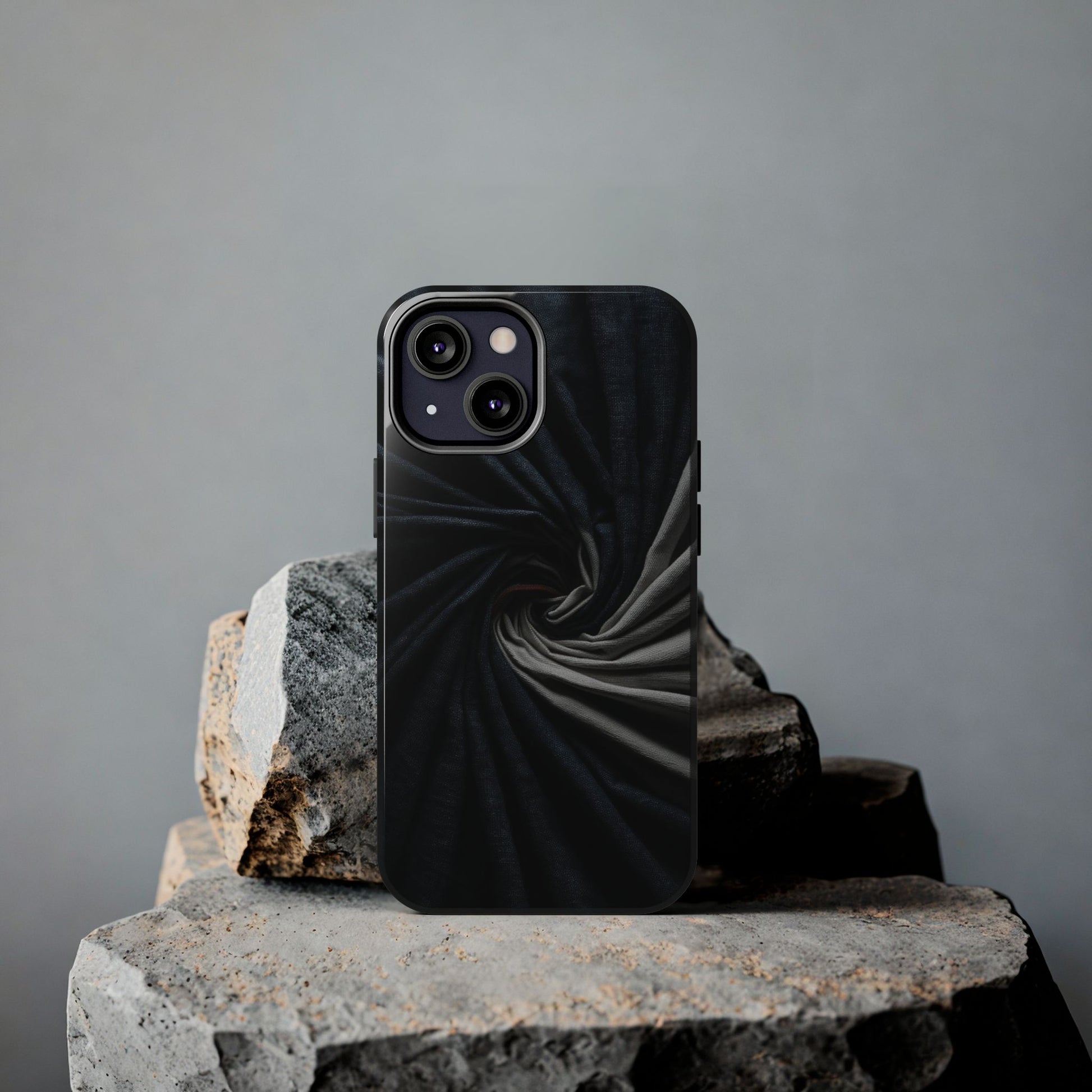Velvet Spiral Tough Phone Case – Twisting Fabric Abstract in Black & Silver - Artistic Vision