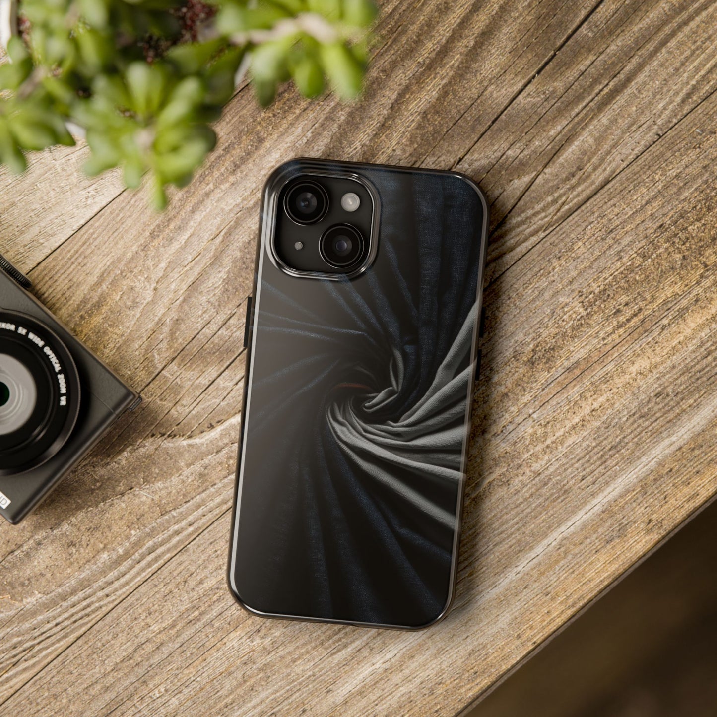 Velvet Spiral Tough Phone Case – Twisting Fabric Abstract in Black & Silver - Artistic Vision