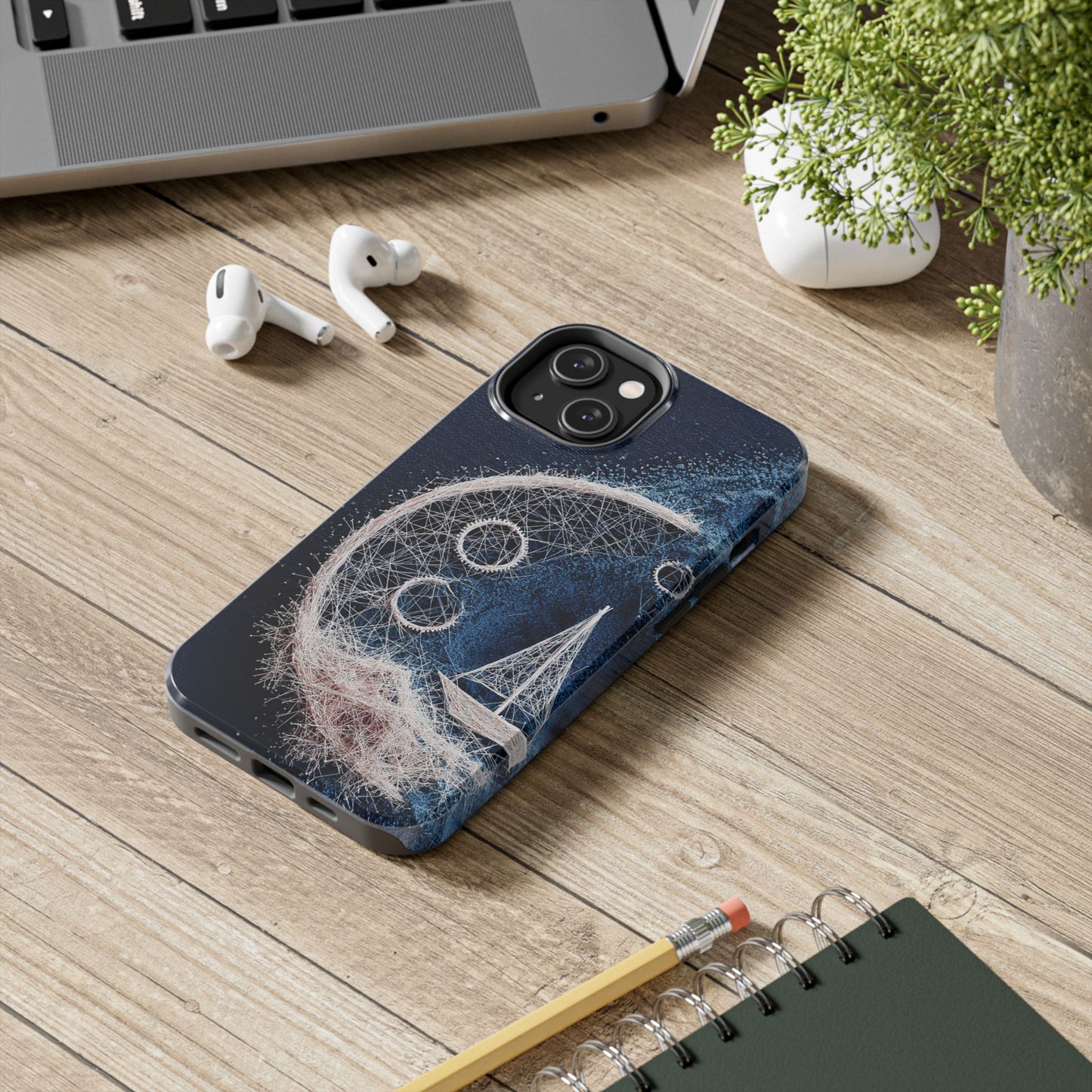 Sailboat & Moon Wireframe Phone Case – Nautical Night Voyage Design - Artistic Vision