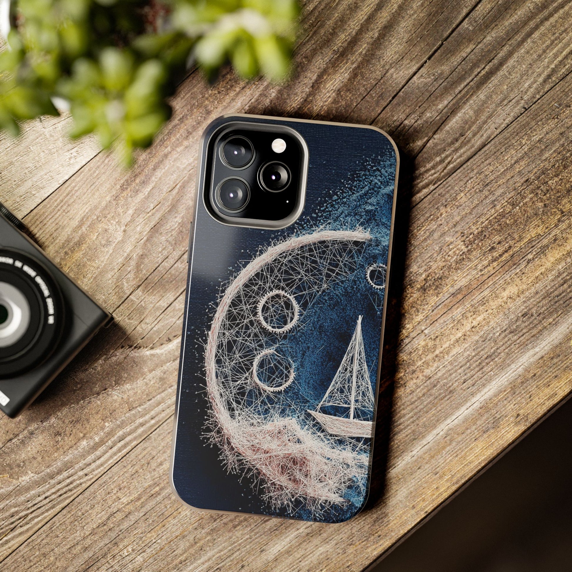 Sailboat & Moon Wireframe Phone Case – Nautical Night Voyage Design - Artistic Vision