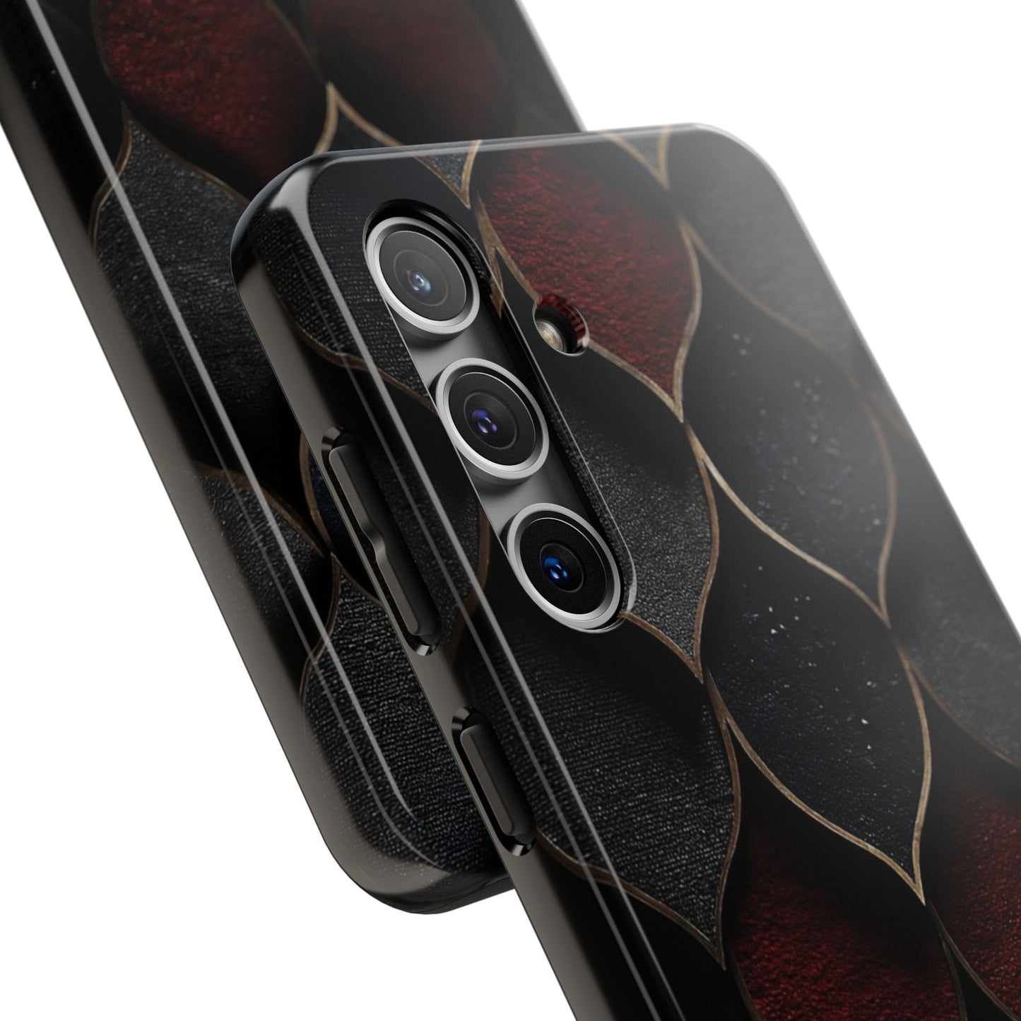 Crimson Scales Tough Phone Case – Red & Black Armor Texture Design - Artistic Vision