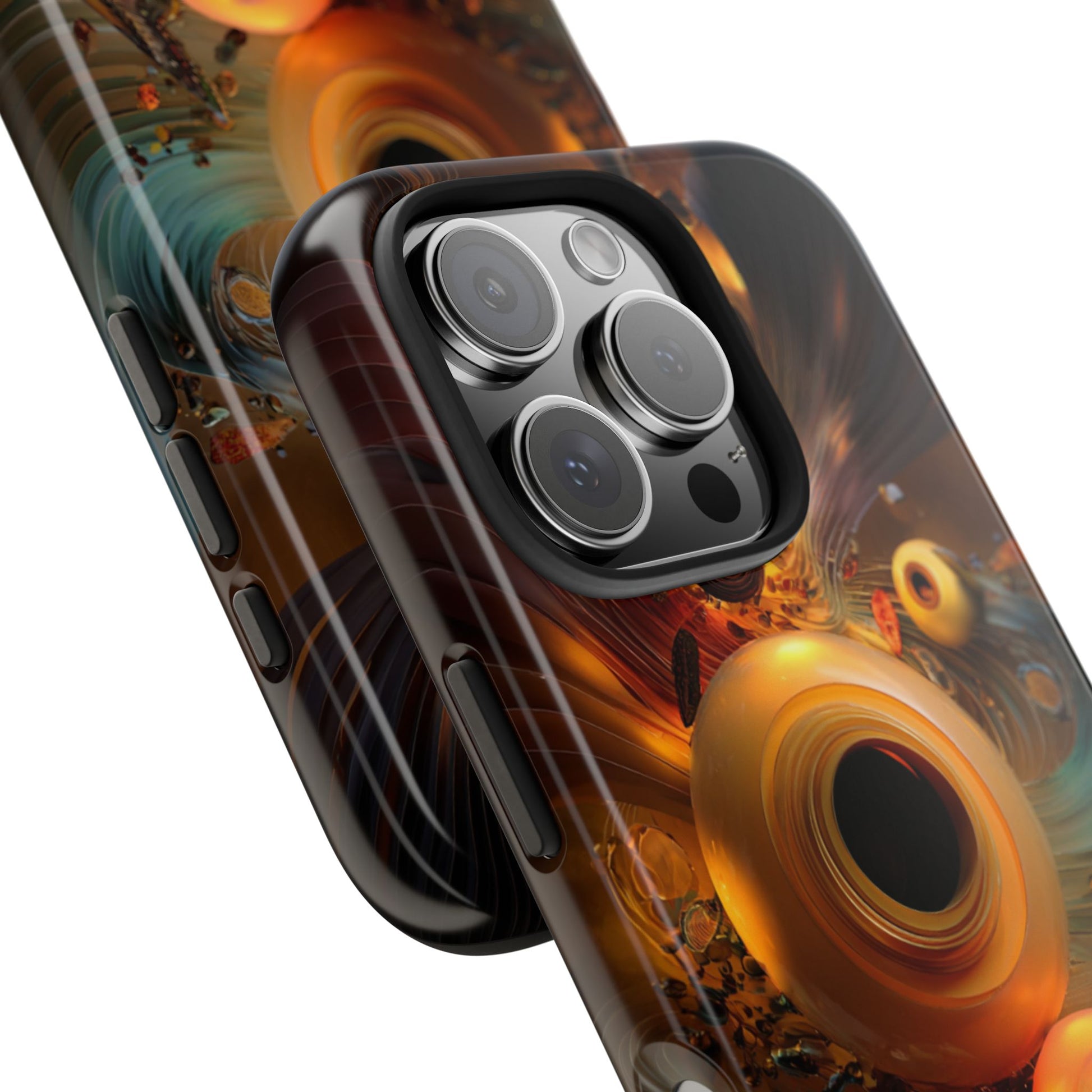 The black and gold background adds contrast to the warm swirling motion of the bloom.