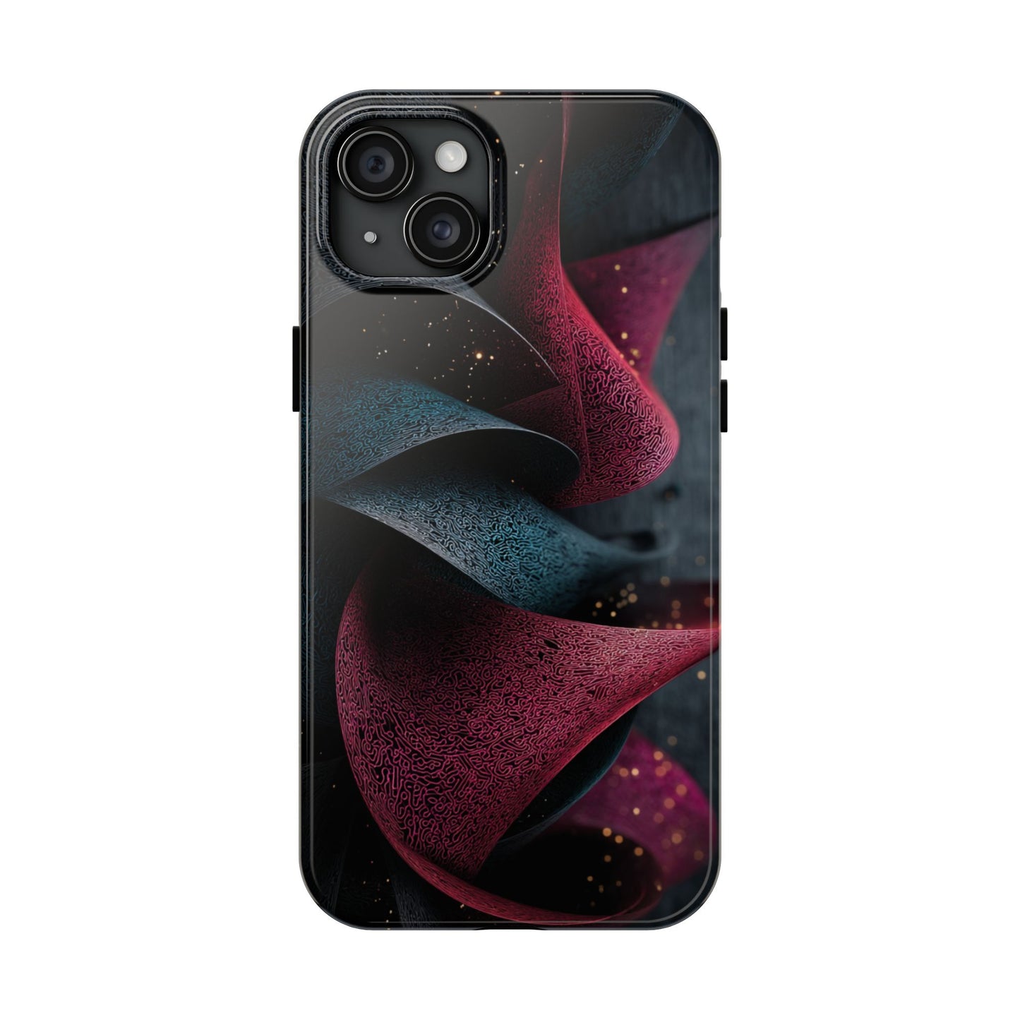 The case resembles sculptural fabric frozen mid-motion, creating a dynamic visual flow.
