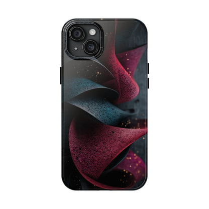 The case resembles sculptural fabric frozen mid-motion, creating a dynamic visual flow.