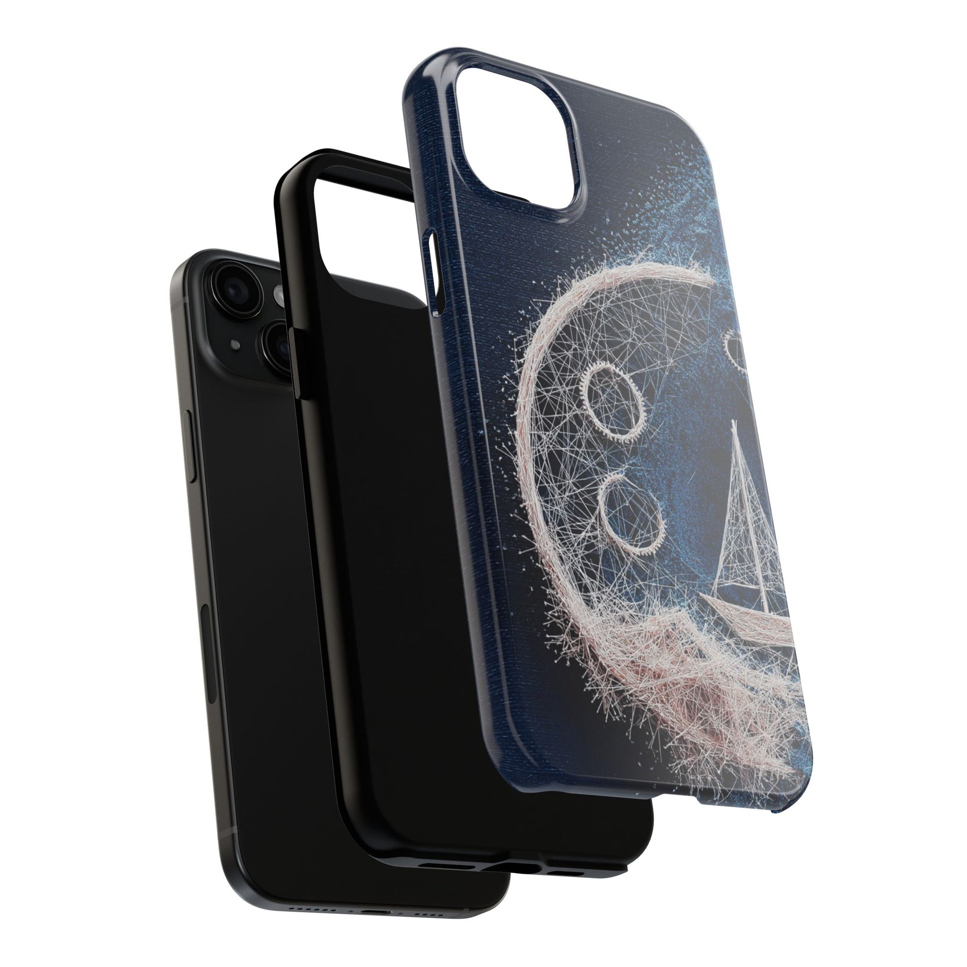 Sailboat & Moon Wireframe Phone Case – Nautical Night Voyage Design - Artistic Vision