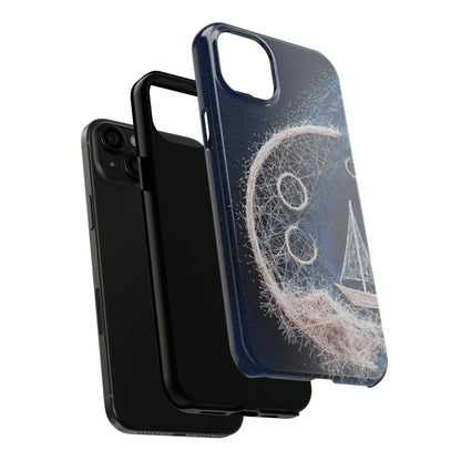 Sailboat & Moon Wireframe Phone Case – Nautical Night Voyage Design - Artistic Vision