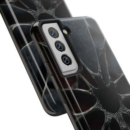 Iron Bloom Tough Phone Case – Black Metallic Flowerburst on Red Texture - Artistic Vision