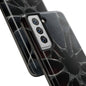 Iron Bloom Tough Phone Case – Black Metallic Flowerburst on Red Texture - Artistic Vision